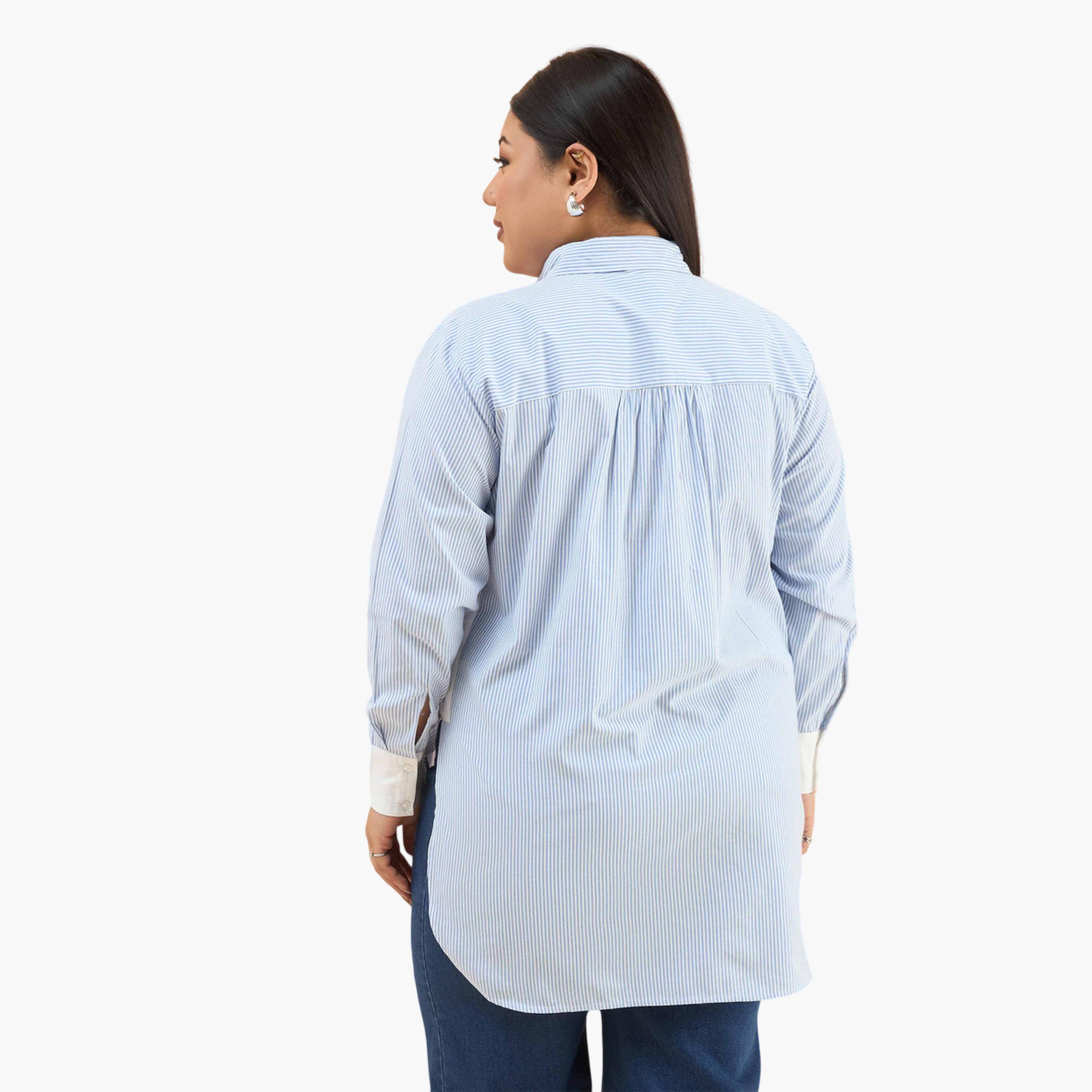 قميص بأكمام طويلة وحواف متباينة ونمط مخطط لون أزرق-women-clothing-shirtsandblouses-shirts-image-4