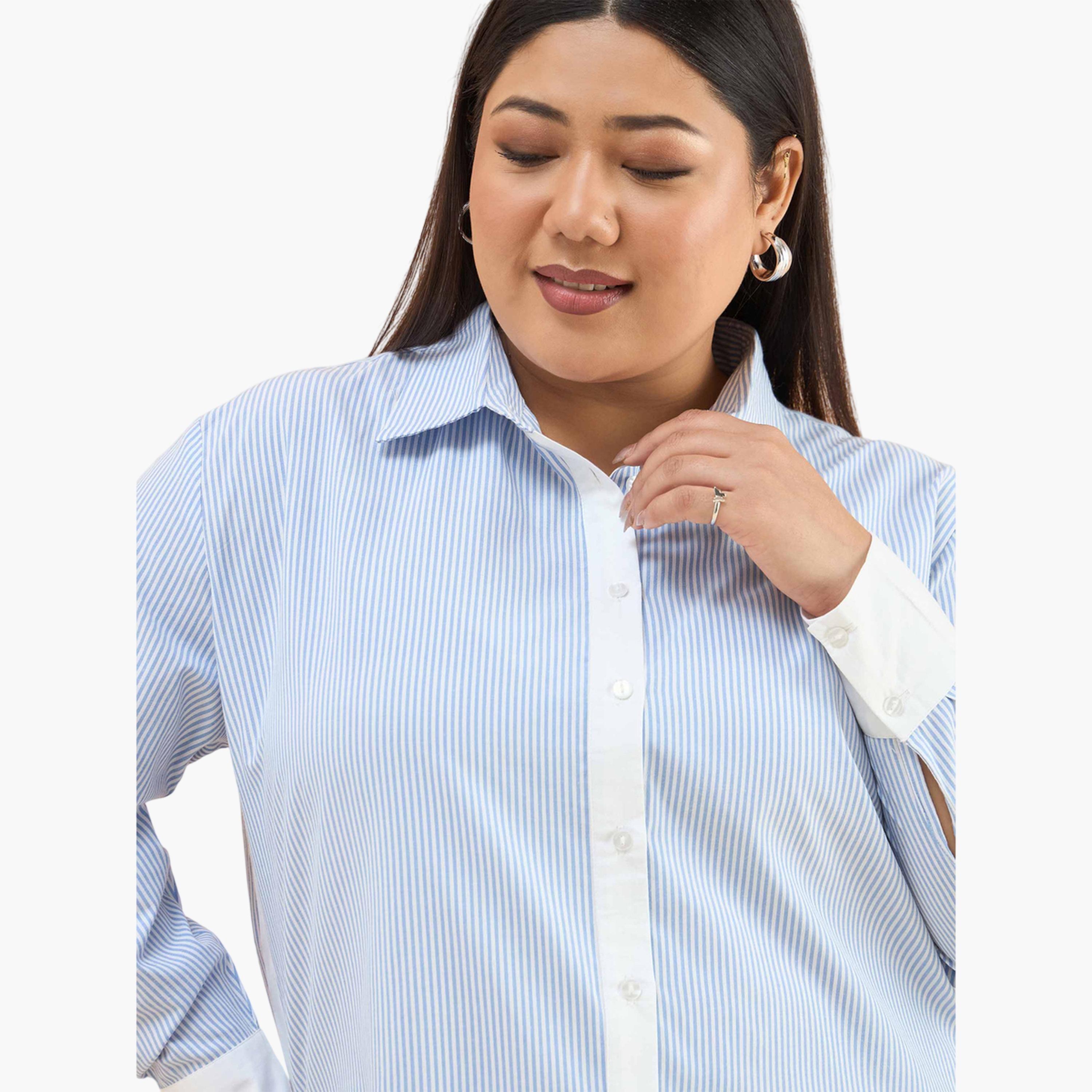 قميص بأكمام طويلة وحواف متباينة ونمط مخطط لون أزرق-women-clothing-shirtsandblouses-shirts-image-5
