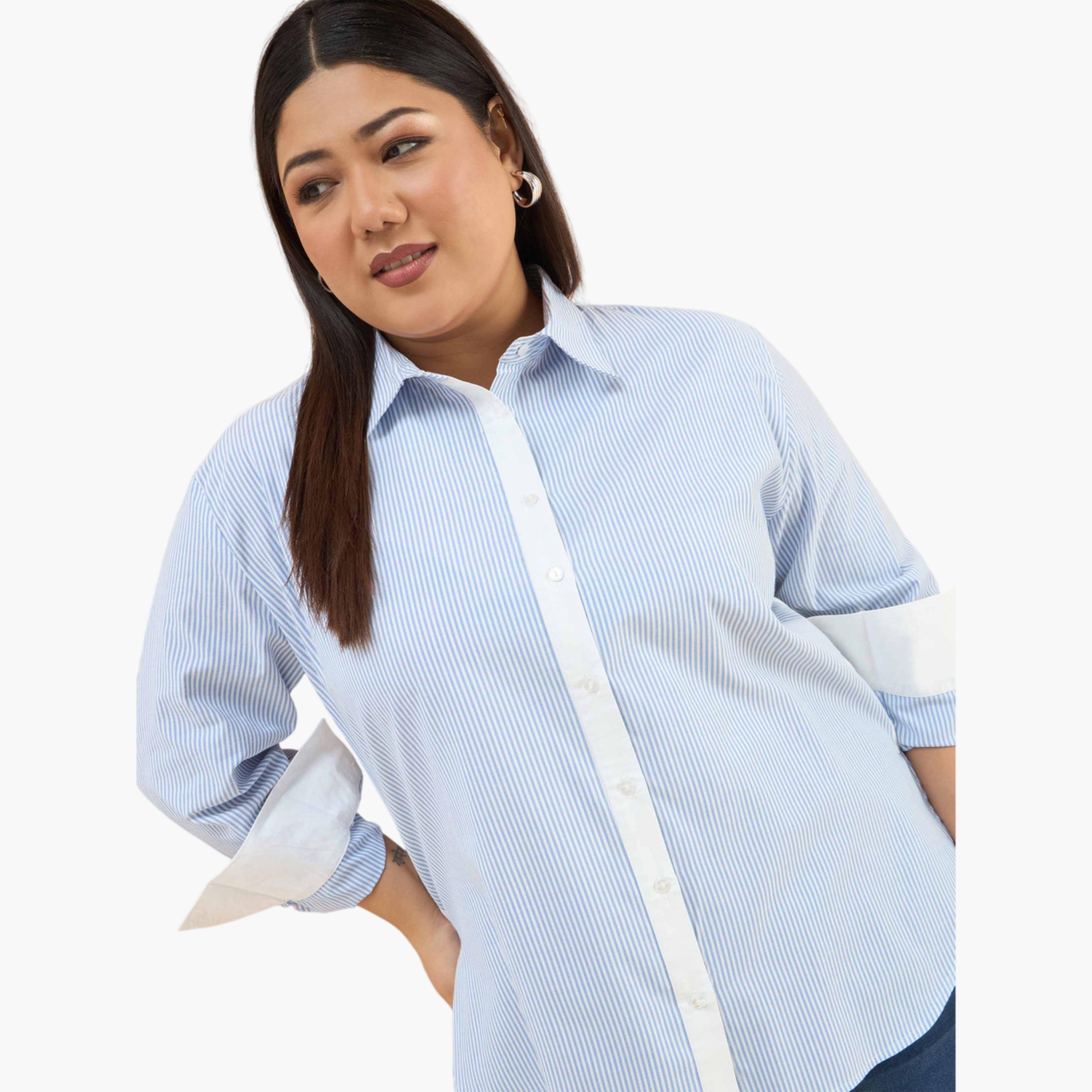 قميص بأكمام طويلة وحواف متباينة ونمط مخطط لون أزرق-women-clothing-shirtsandblouses-shirts-image-6