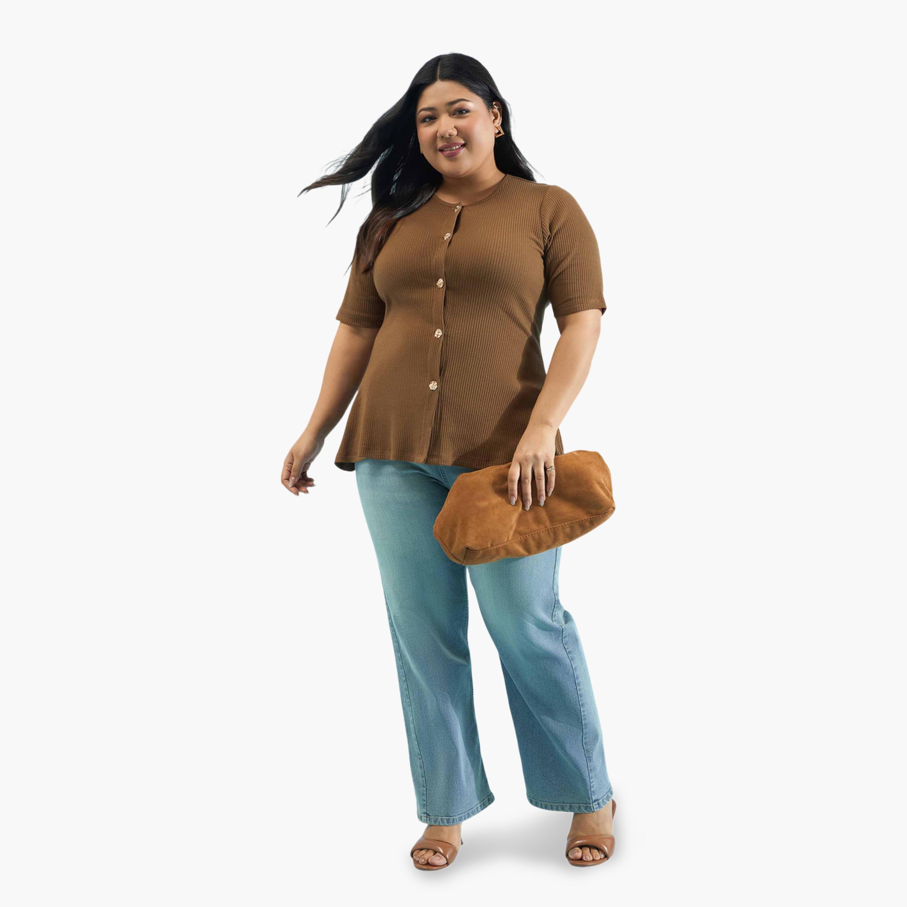 بلوزة بيبلوم بمقاس كبير بنية مضلعة بأزرار-women-clothing-plussize-shirtsandblouses-blouses-image-2