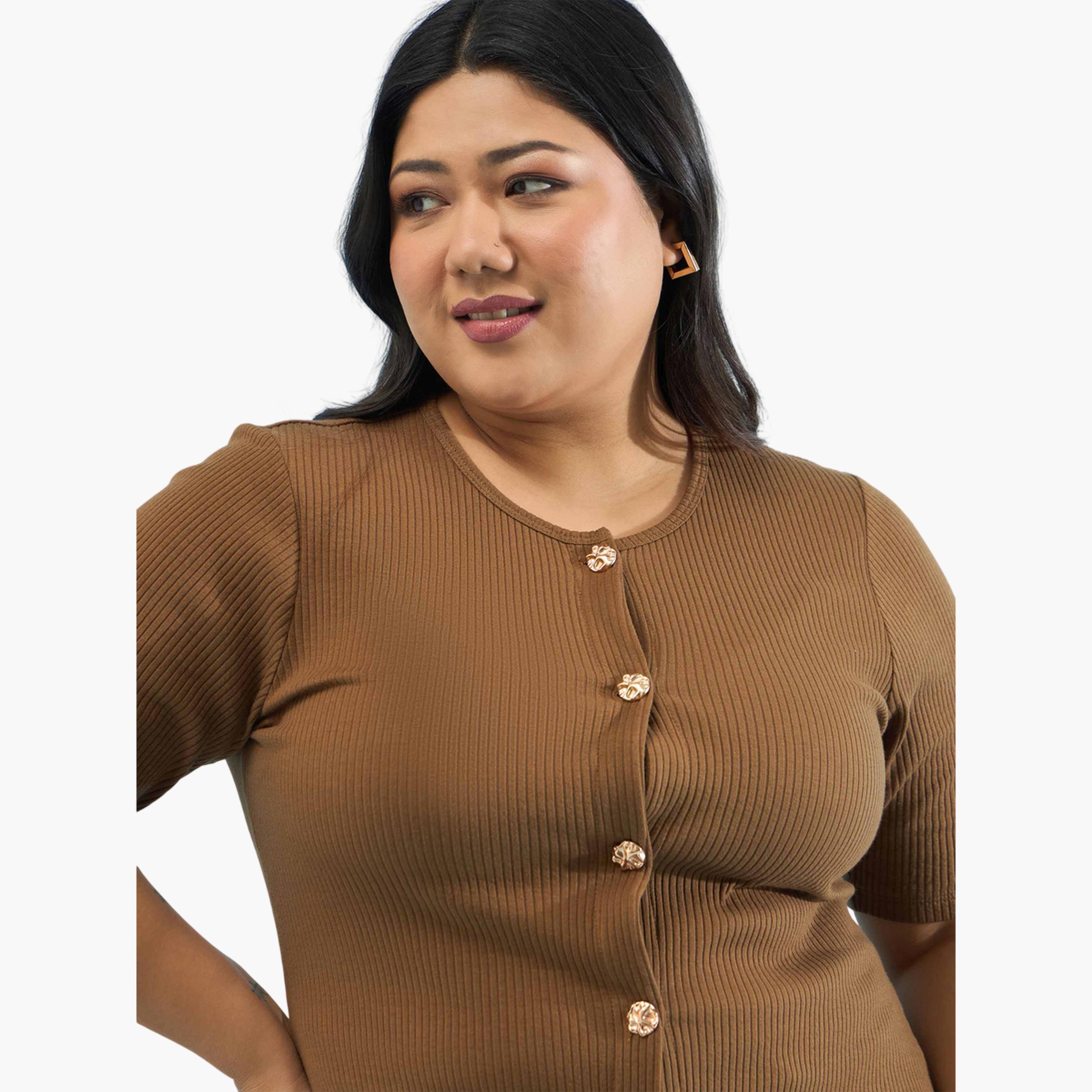 بلوزة بيبلوم بمقاس كبير بنية مضلعة بأزرار-women-clothing-plussize-shirtsandblouses-blouses-image-6