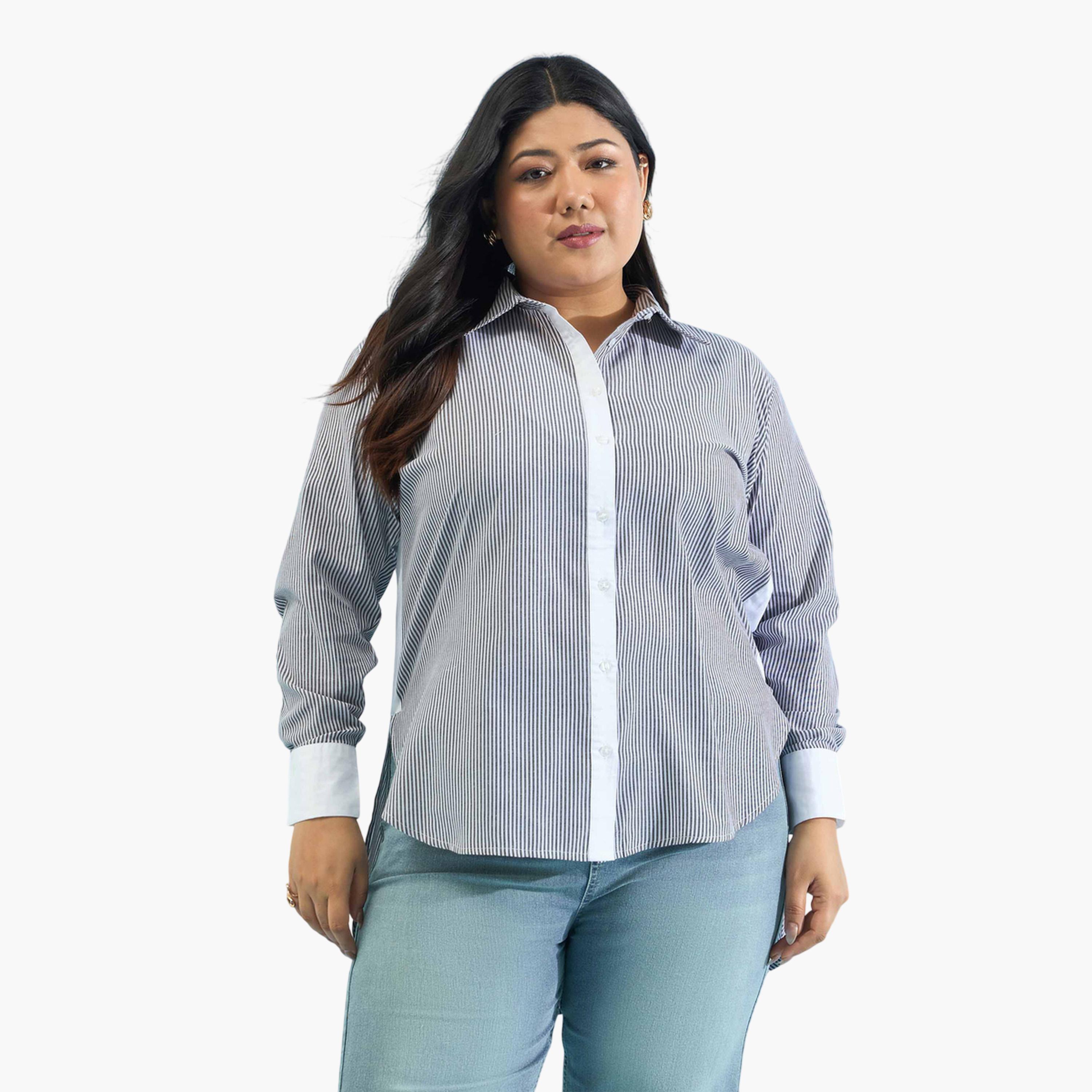 قميص بقصة مستقيمة وحواف متباينة بنمط مخطط مقاسات كبيرة-women-clothing-shirtsandblouses-shirts-image-1