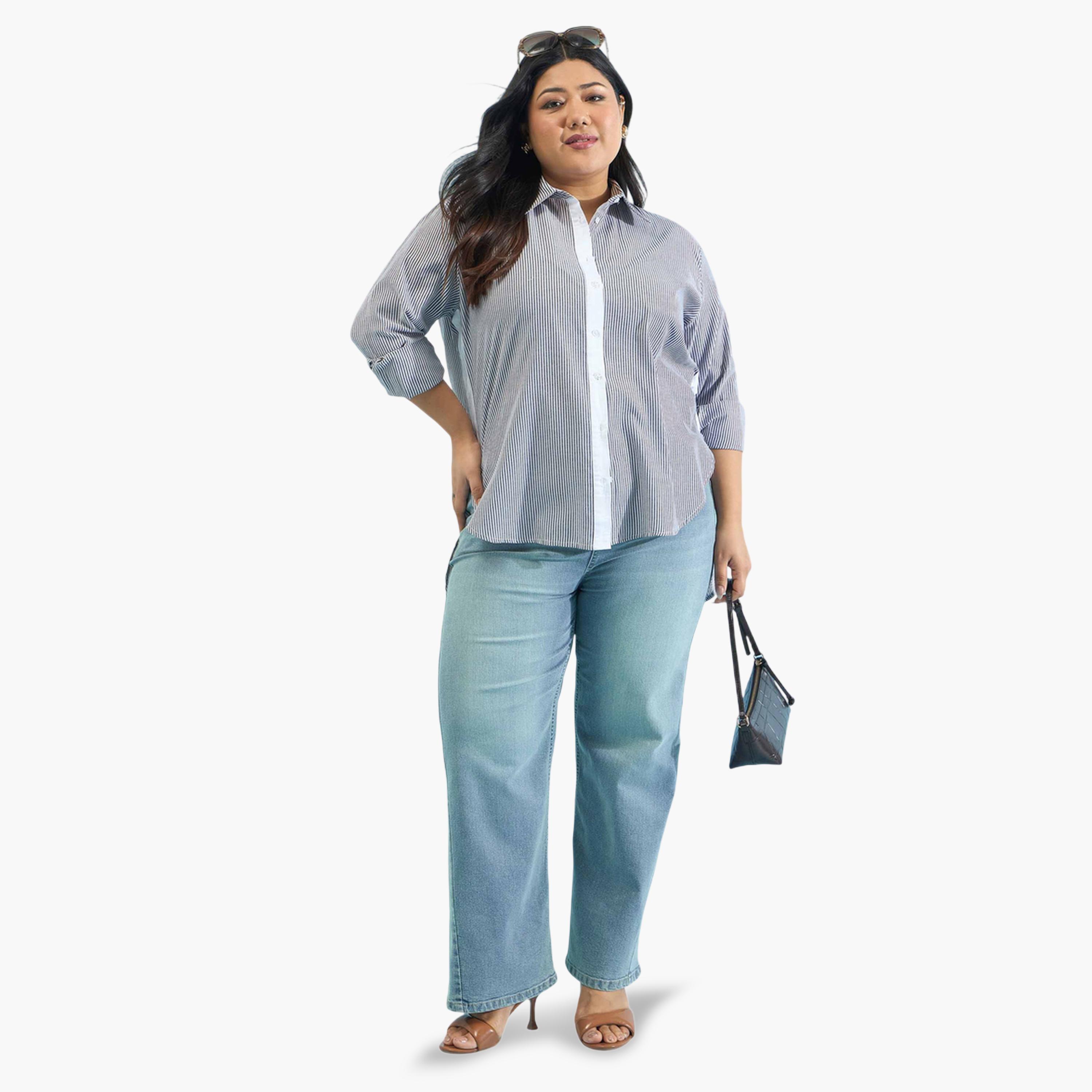 قميص بقصة مستقيمة وحواف متباينة بنمط مخطط مقاسات كبيرة-women-clothing-shirtsandblouses-shirts-image-2
