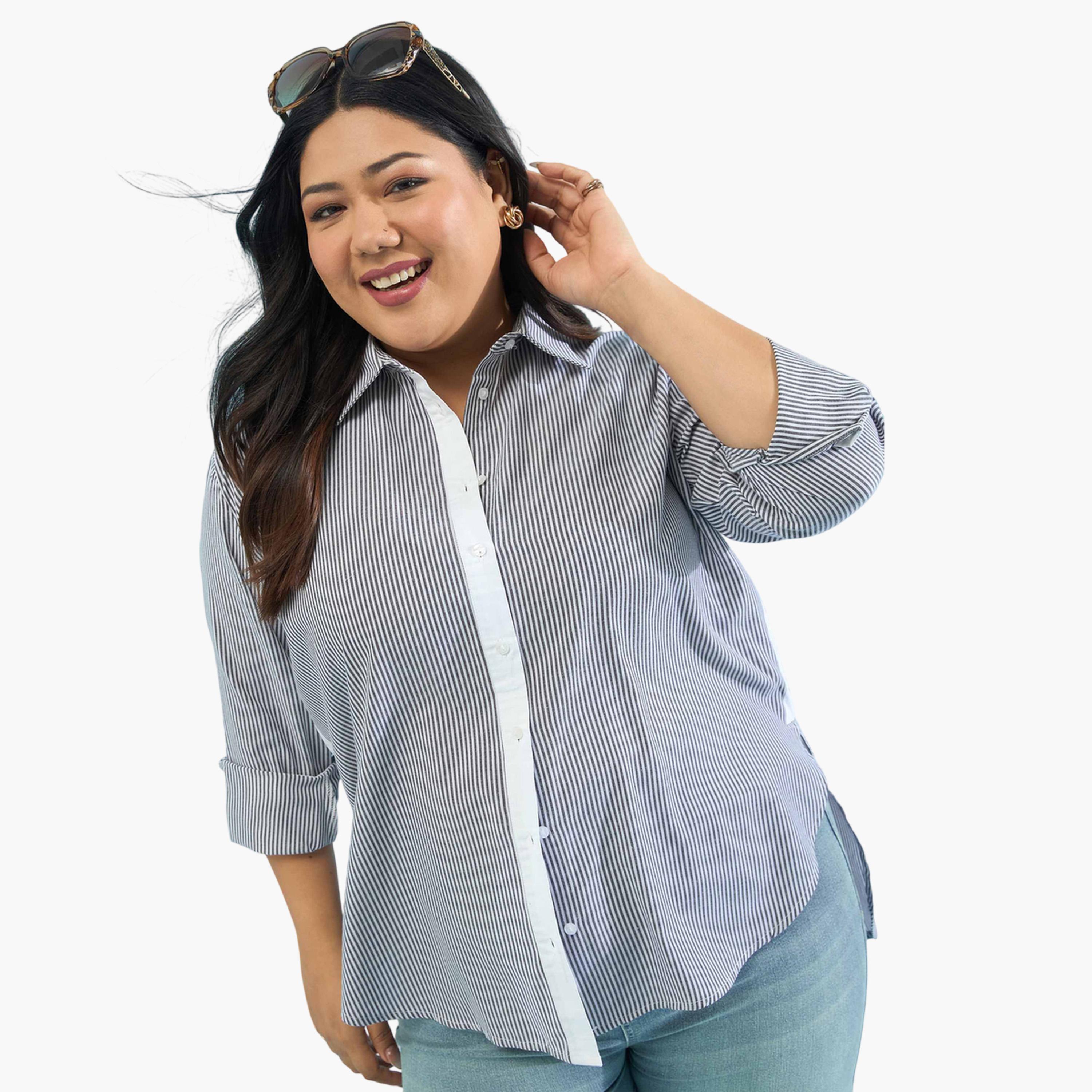 قميص بقصة مستقيمة وحواف متباينة بنمط مخطط مقاسات كبيرة-women-clothing-shirtsandblouses-shirts-image-3