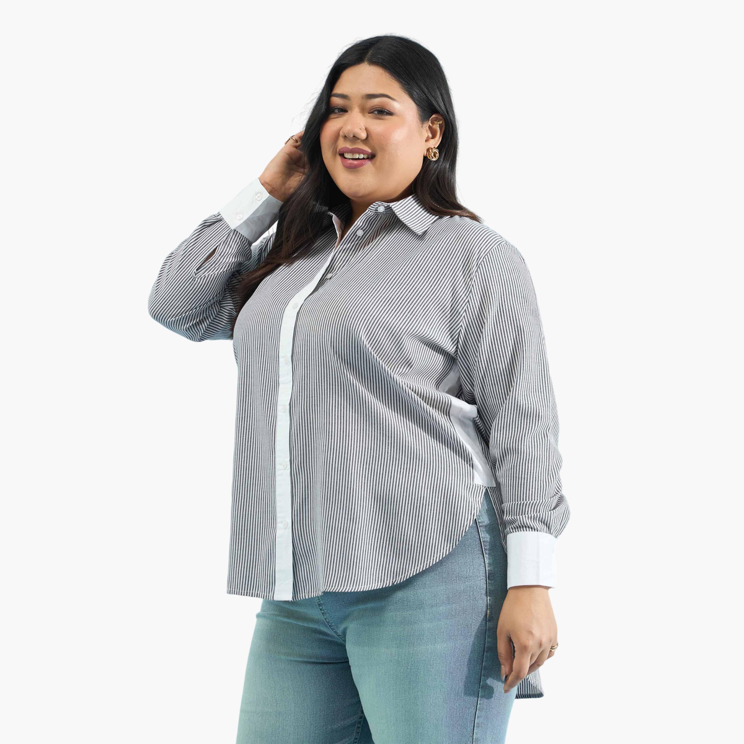 قميص بقصة مستقيمة وحواف متباينة بنمط مخطط مقاسات كبيرة-women-clothing-shirtsandblouses-shirts-image-4