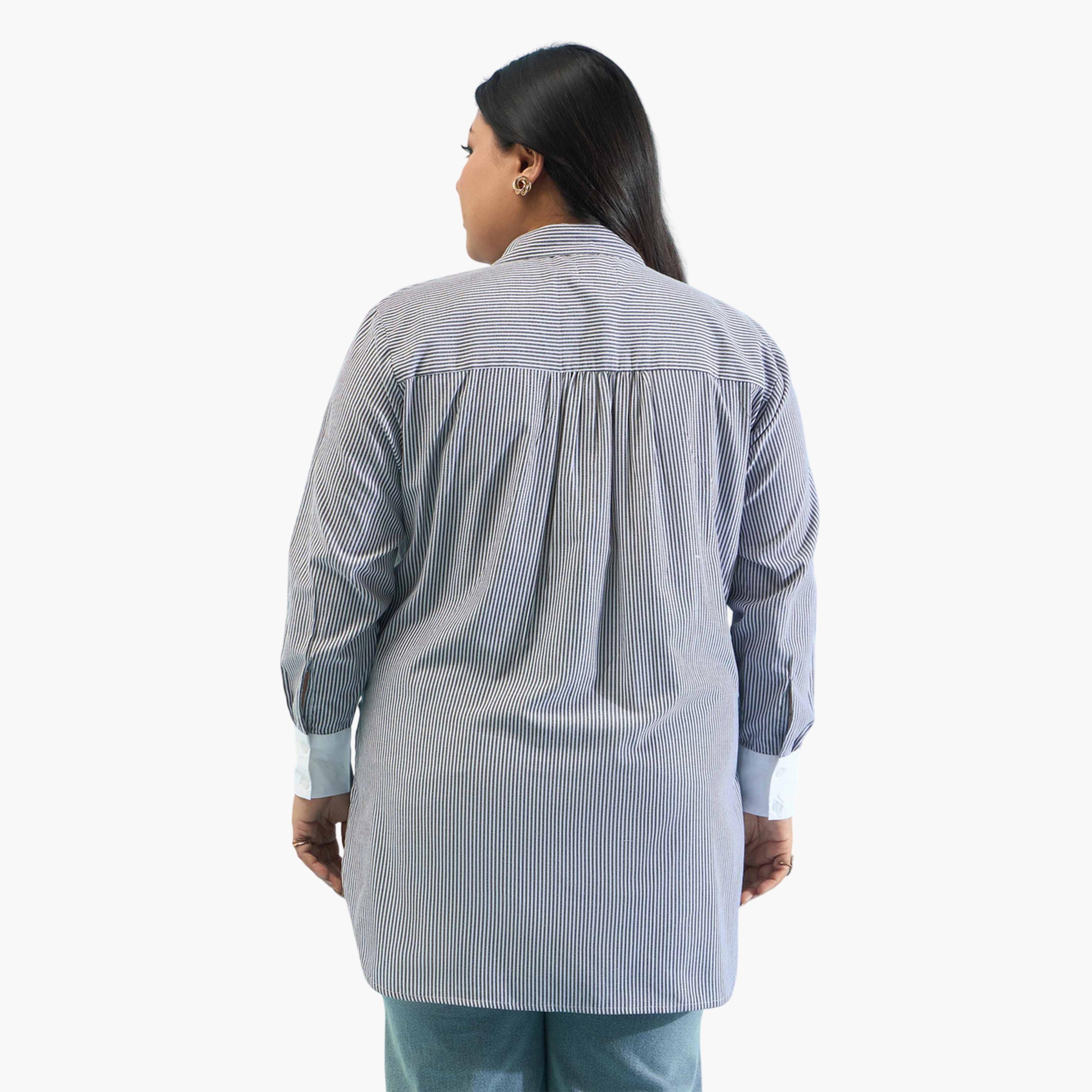 قميص بقصة مستقيمة وحواف متباينة بنمط مخطط مقاسات كبيرة-women-clothing-shirtsandblouses-shirts-image-5