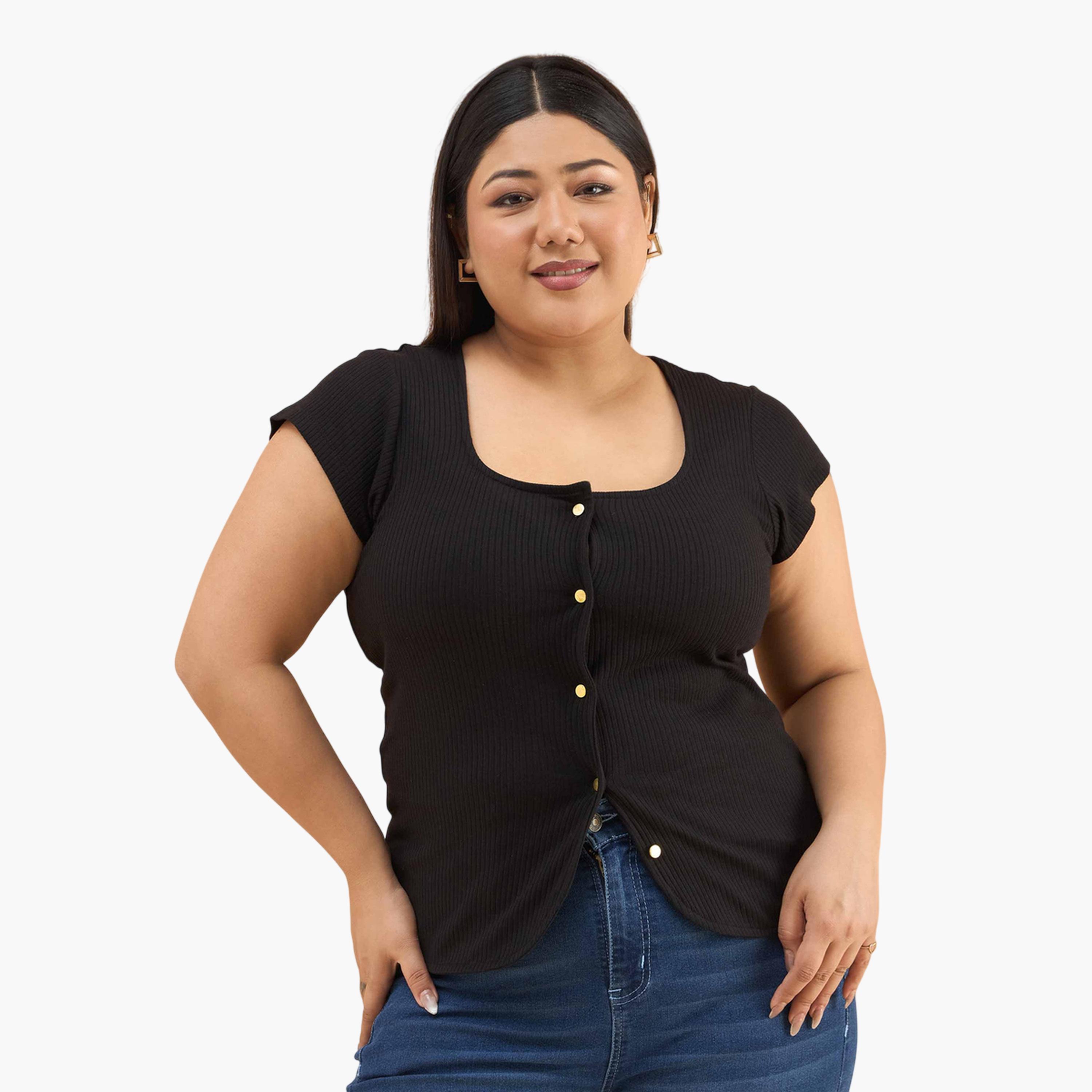 Sassafras X Styli Black Plus Rib Square-Neck Button Down Top-women-clothing-plussize-shirtsandblouses-blouses-image-1