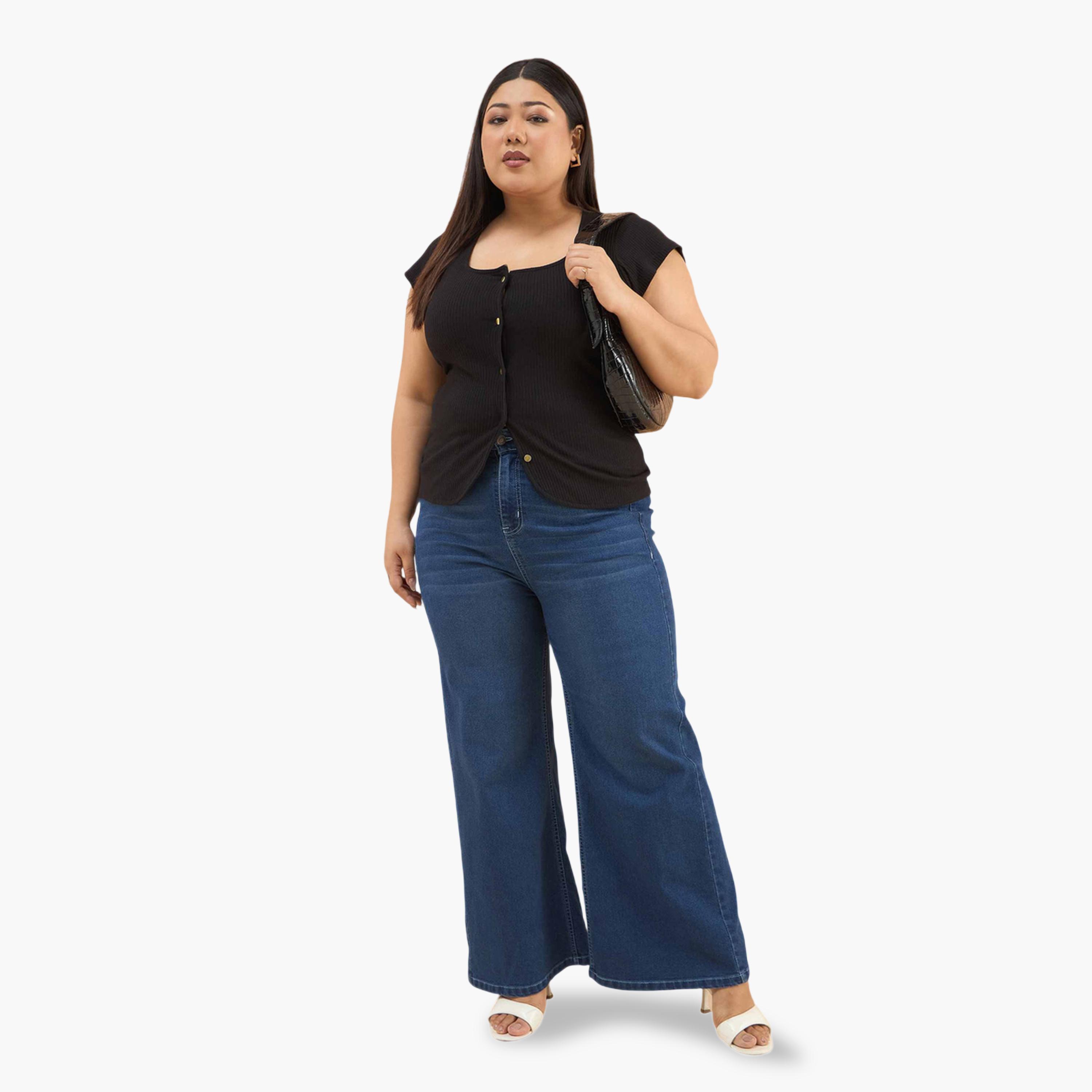 Sassafras X Styli Black Plus Rib Square-Neck Button Down Top-women-clothing-plussize-shirtsandblouses-blouses-image-2