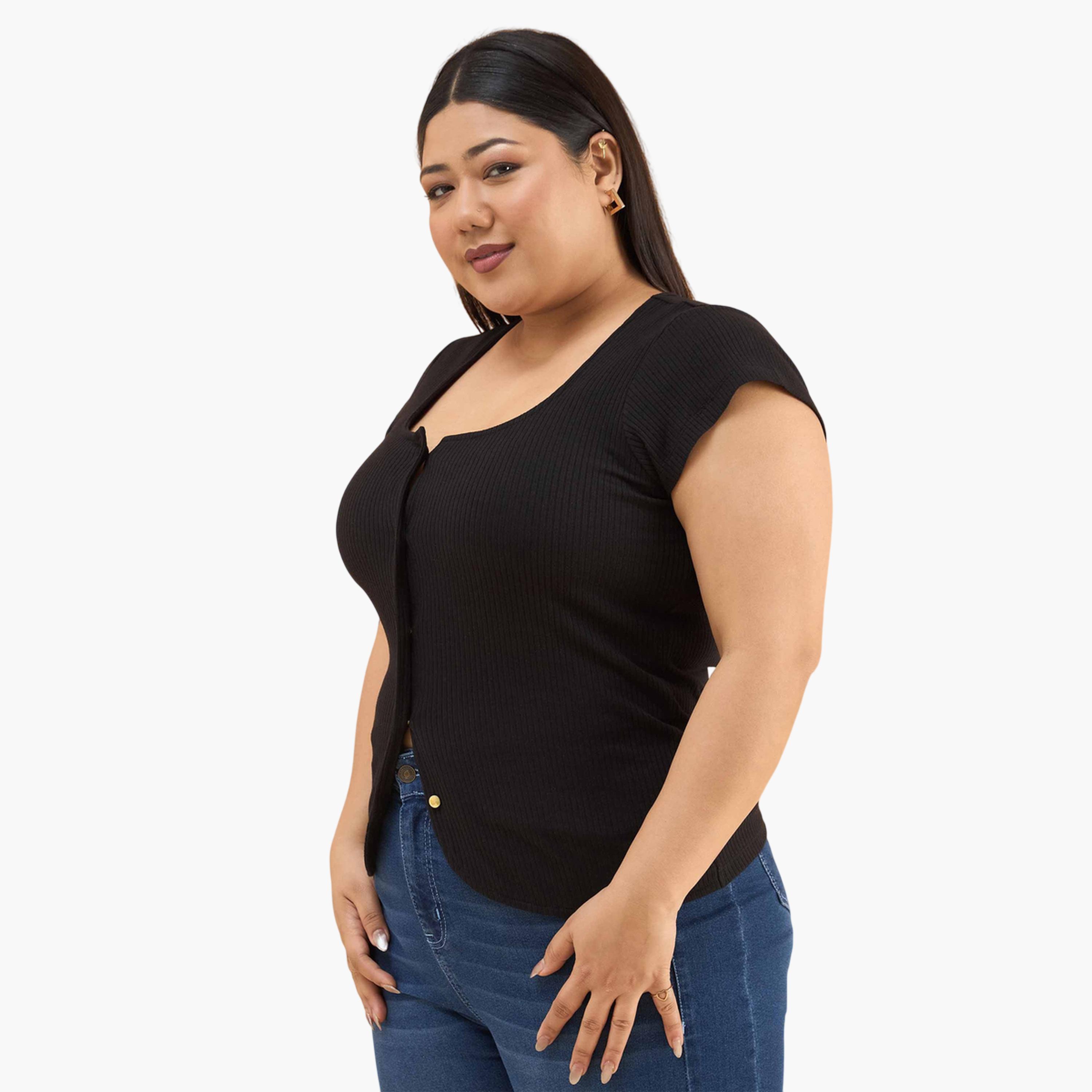 Sassafras X Styli Black Plus Rib Square-Neck Button Down Top-women-clothing-plussize-shirtsandblouses-blouses-image-3