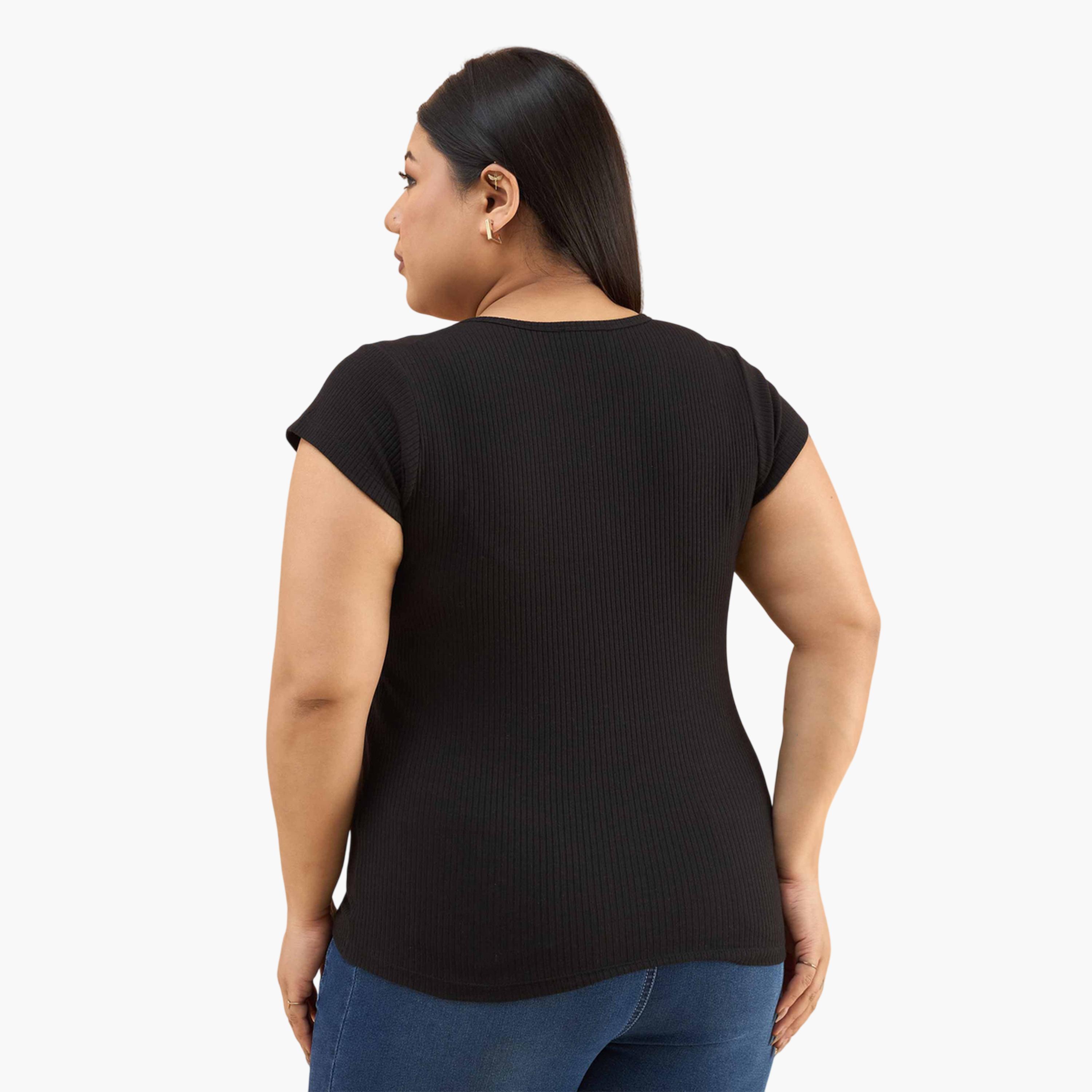 Sassafras X Styli Black Plus Rib Square-Neck Button Down Top-women-clothing-plussize-shirtsandblouses-blouses-image-4