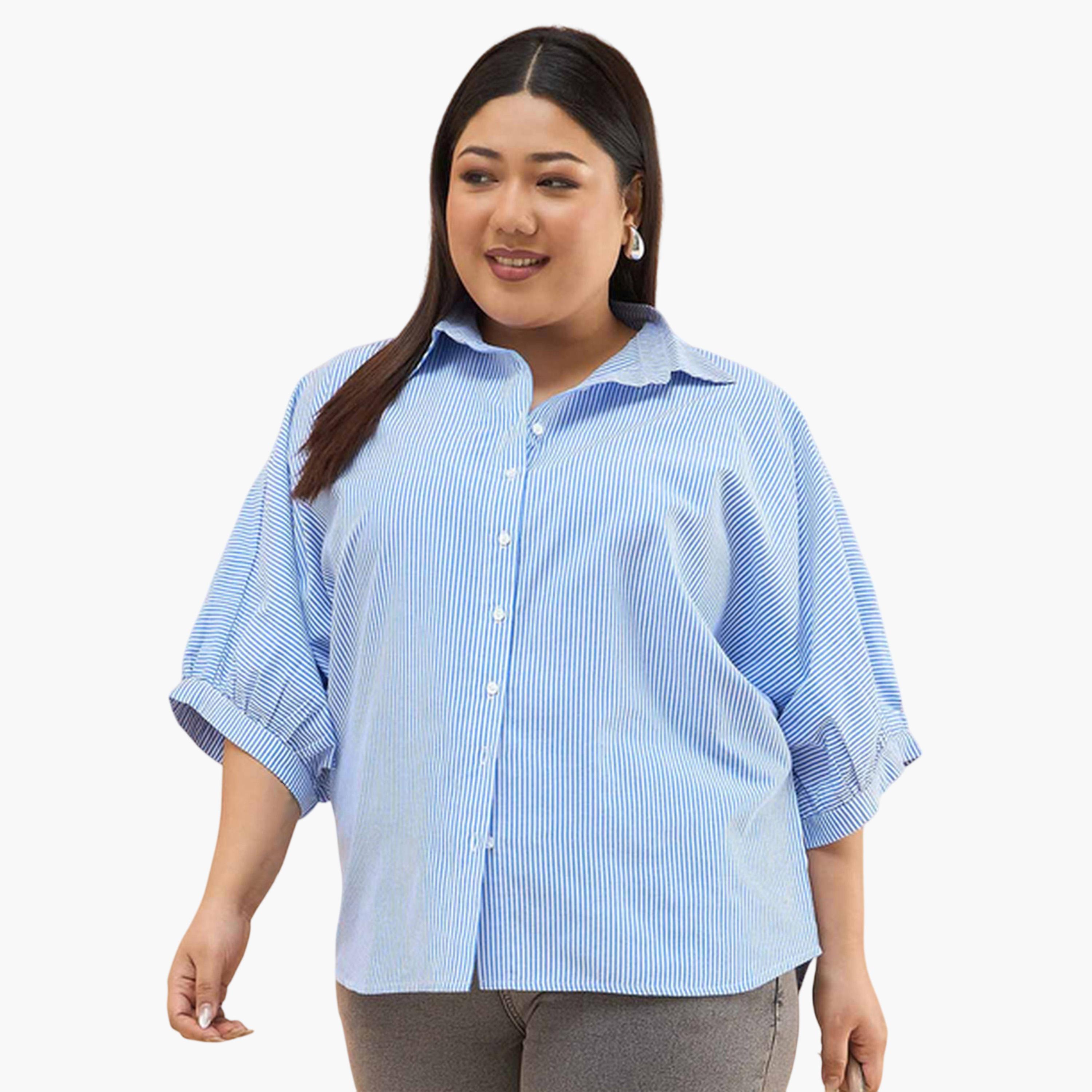 قميص بقصة مستقيمة وأكمام كيمونو بنمط مخطط مقاسات كبيرة لون أزرق-women-clothing-shirtsandblouses-shirts-image-1
