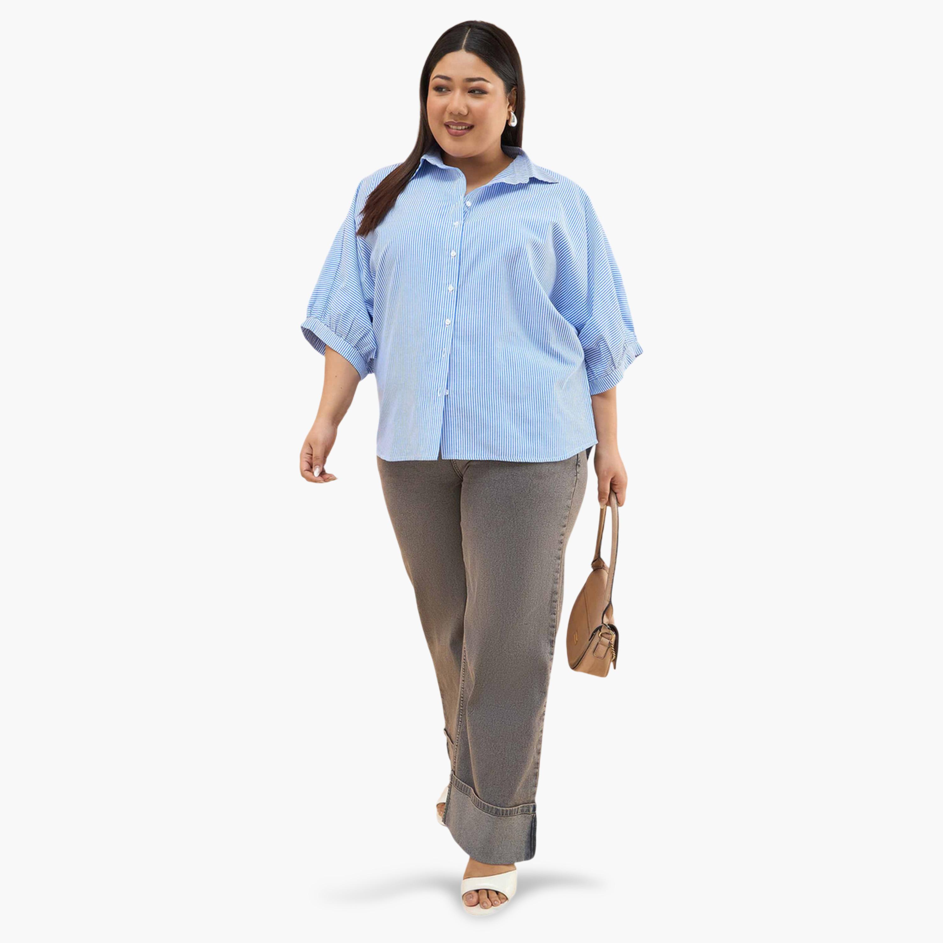 قميص بقصة مستقيمة وأكمام كيمونو بنمط مخطط مقاسات كبيرة لون أزرق-women-clothing-shirtsandblouses-shirts-image-2
