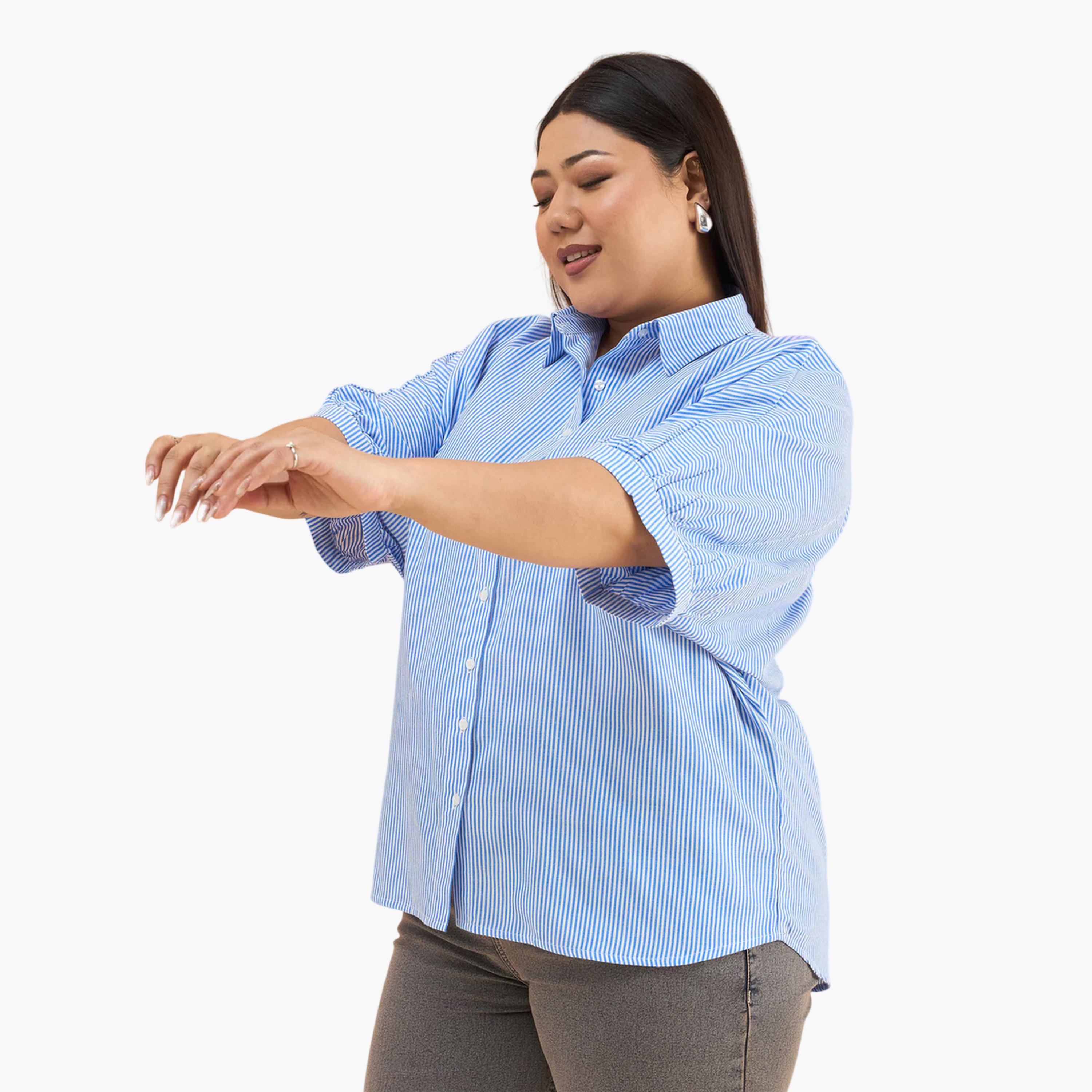 قميص بقصة مستقيمة وأكمام كيمونو بنمط مخطط مقاسات كبيرة لون أزرق-women-clothing-shirtsandblouses-shirts-image-3