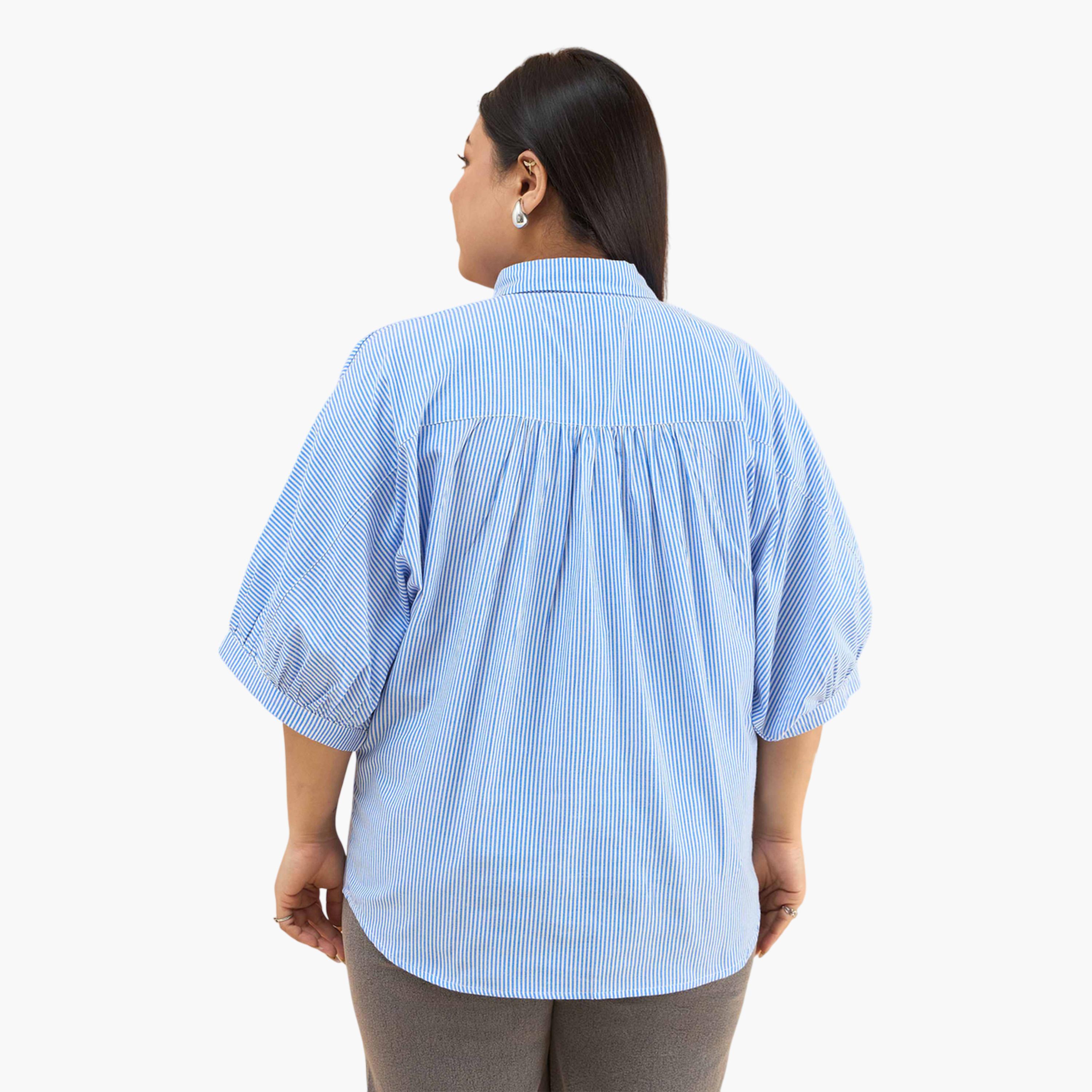قميص بقصة مستقيمة وأكمام كيمونو بنمط مخطط مقاسات كبيرة لون أزرق-women-clothing-shirtsandblouses-shirts-image-4