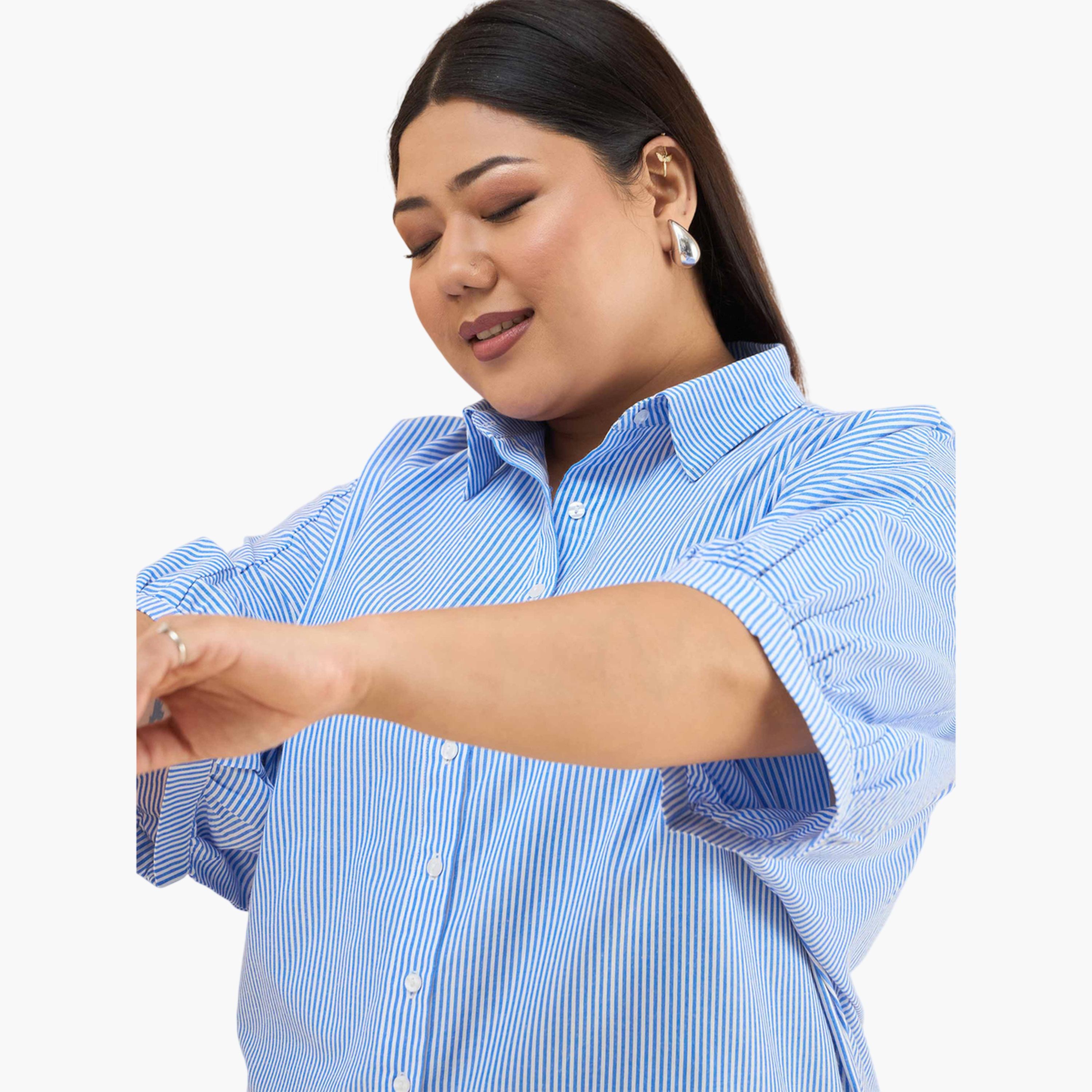 قميص بقصة مستقيمة وأكمام كيمونو بنمط مخطط مقاسات كبيرة لون أزرق-women-clothing-shirtsandblouses-shirts-image-5