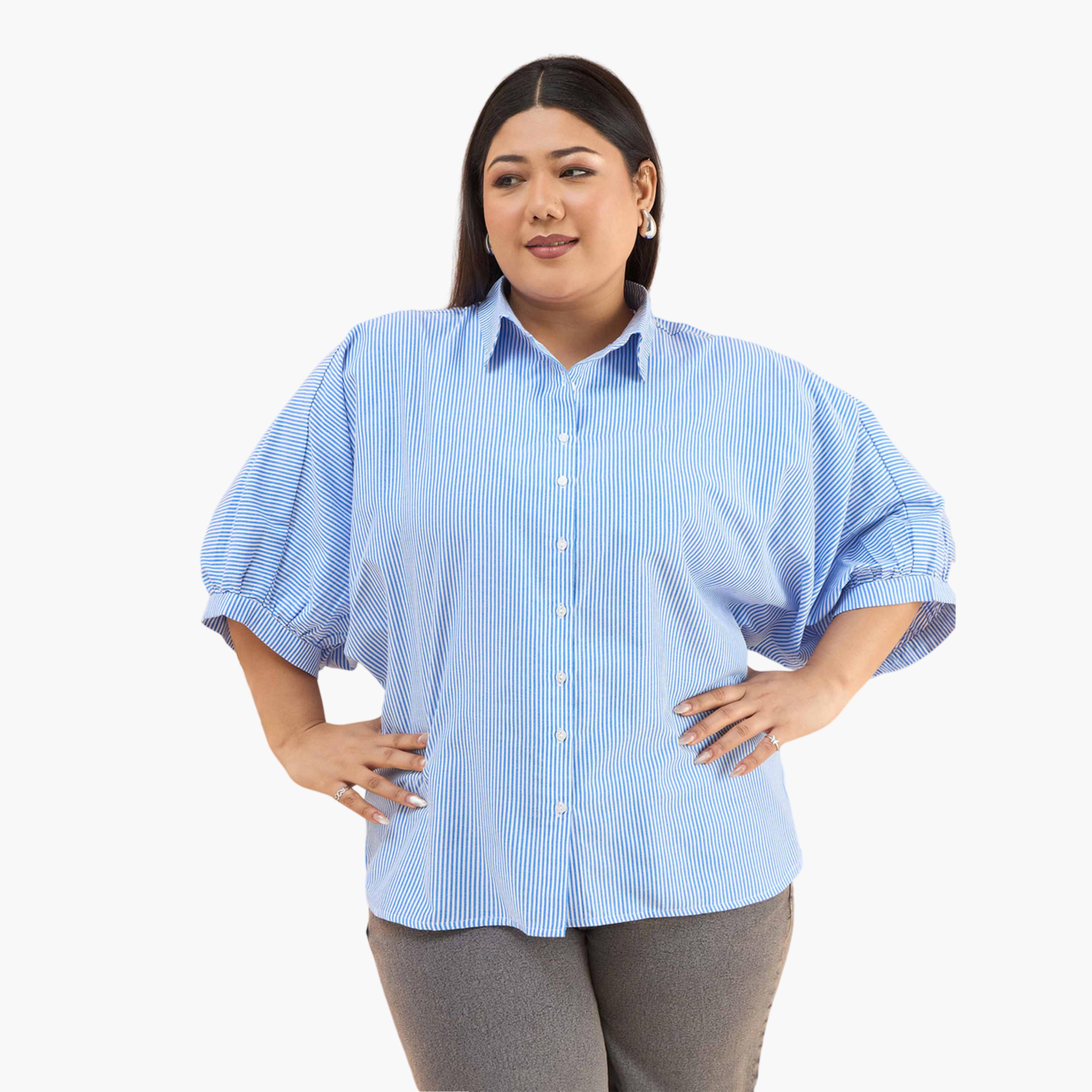 قميص بقصة مستقيمة وأكمام كيمونو بنمط مخطط مقاسات كبيرة لون أزرق-women-clothing-shirtsandblouses-shirts-image-6
