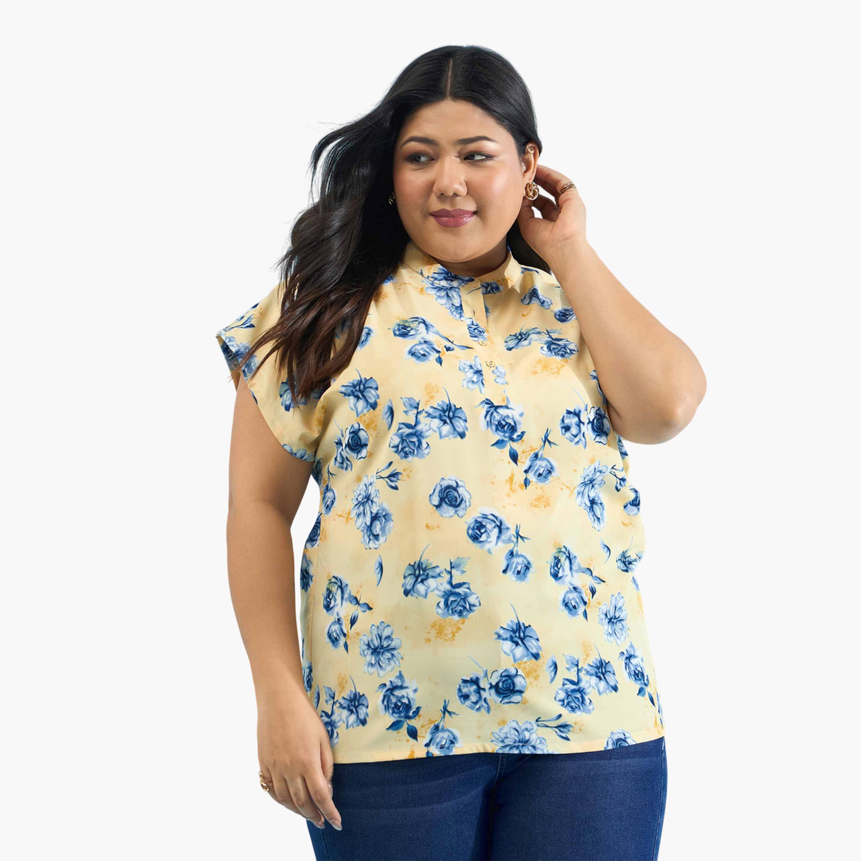 Sassafras X Styli Yellow Plus Floral Mandarin Collar Regular Top-women-clothing-plussize-shirtsandblouses-blouses-image-1