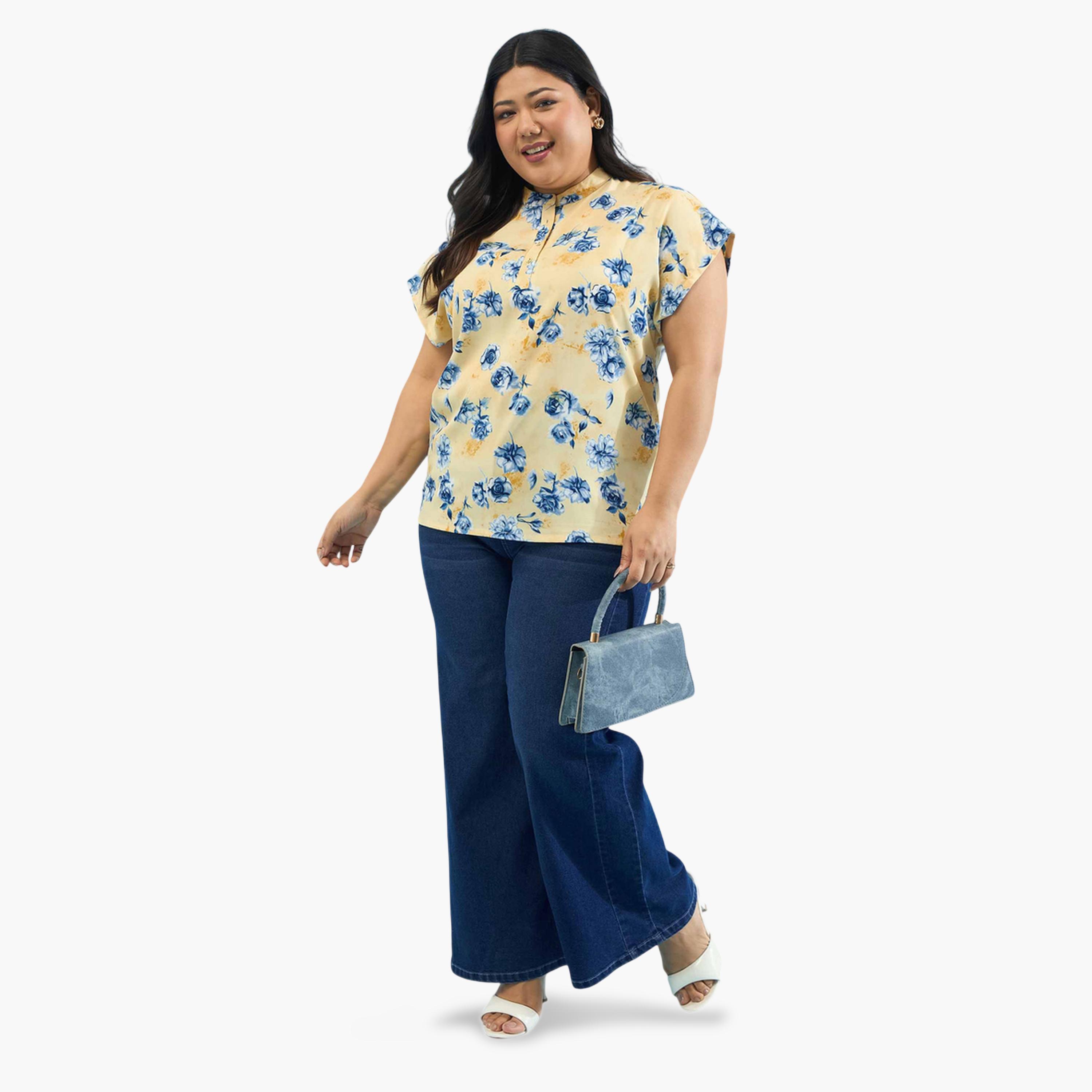 Sassafras X Styli Yellow Plus Floral Mandarin Collar Regular Top-women-clothing-plussize-shirtsandblouses-blouses-image-2