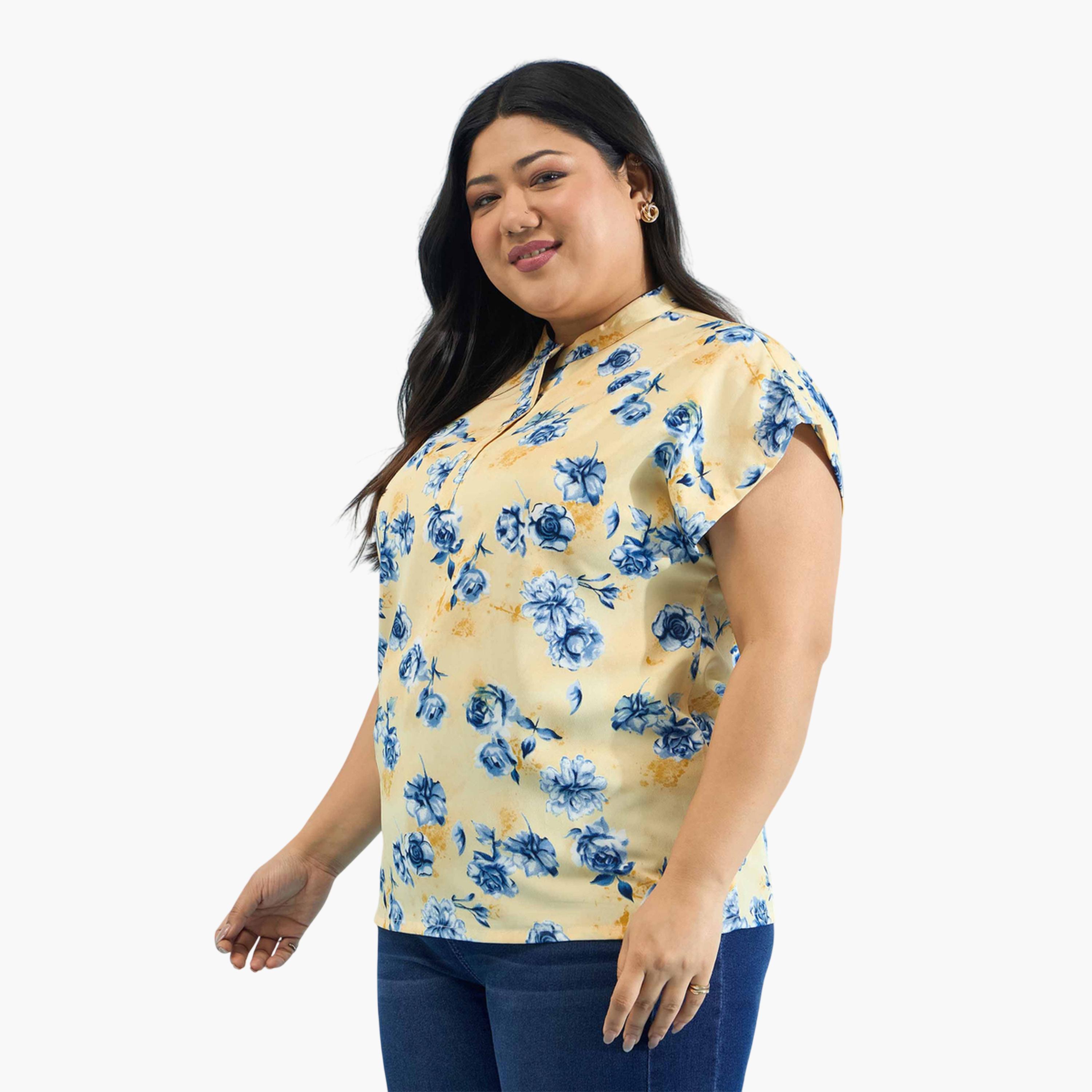 Sassafras X Styli Yellow Plus Floral Mandarin Collar Regular Top-women-clothing-plussize-shirtsandblouses-blouses-image-3