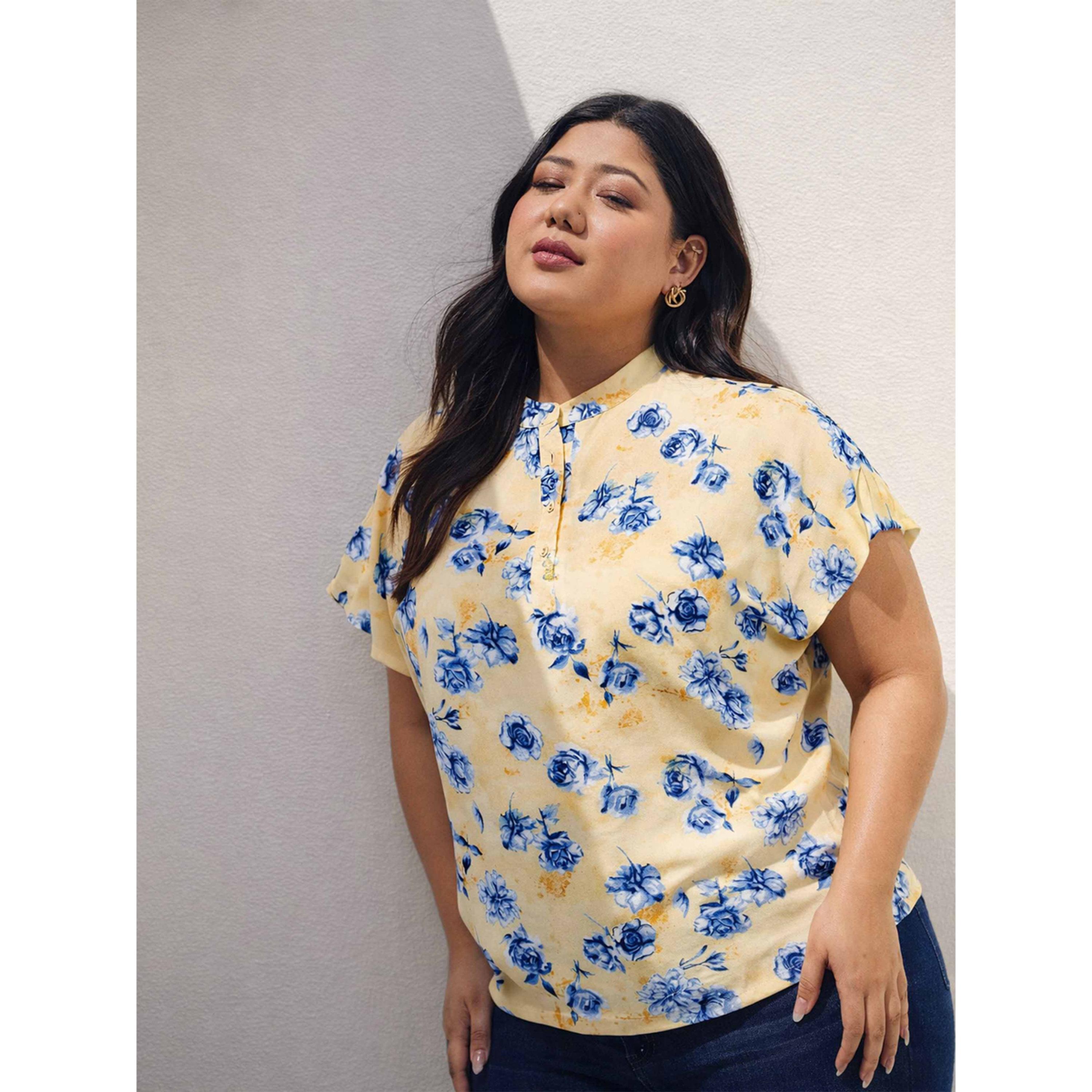 Sassafras X Styli Yellow Plus Floral Mandarin Collar Regular Top-women-clothing-plussize-shirtsandblouses-blouses-image-4