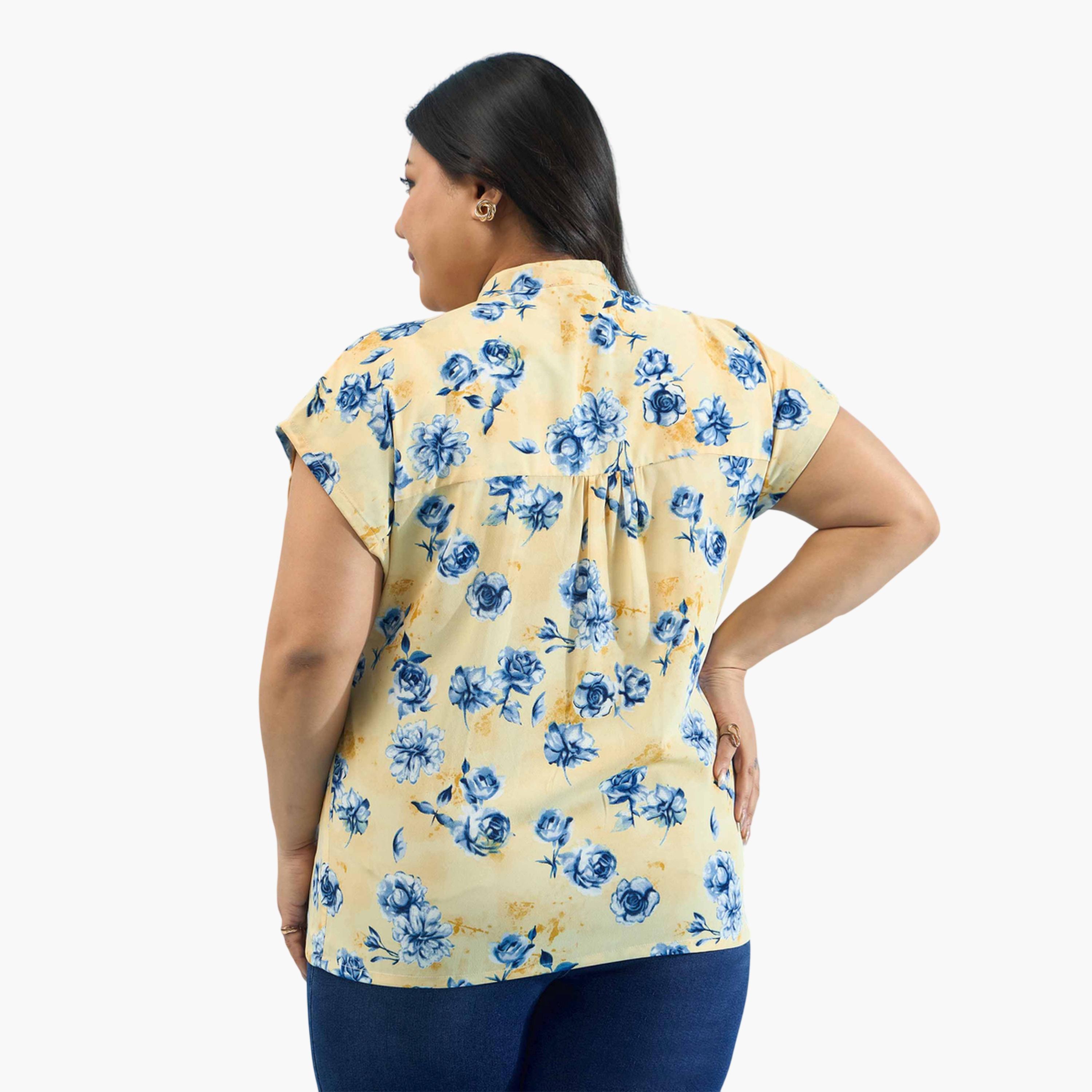 Sassafras X Styli Yellow Plus Floral Mandarin Collar Regular Top-women-clothing-plussize-shirtsandblouses-blouses-image-5