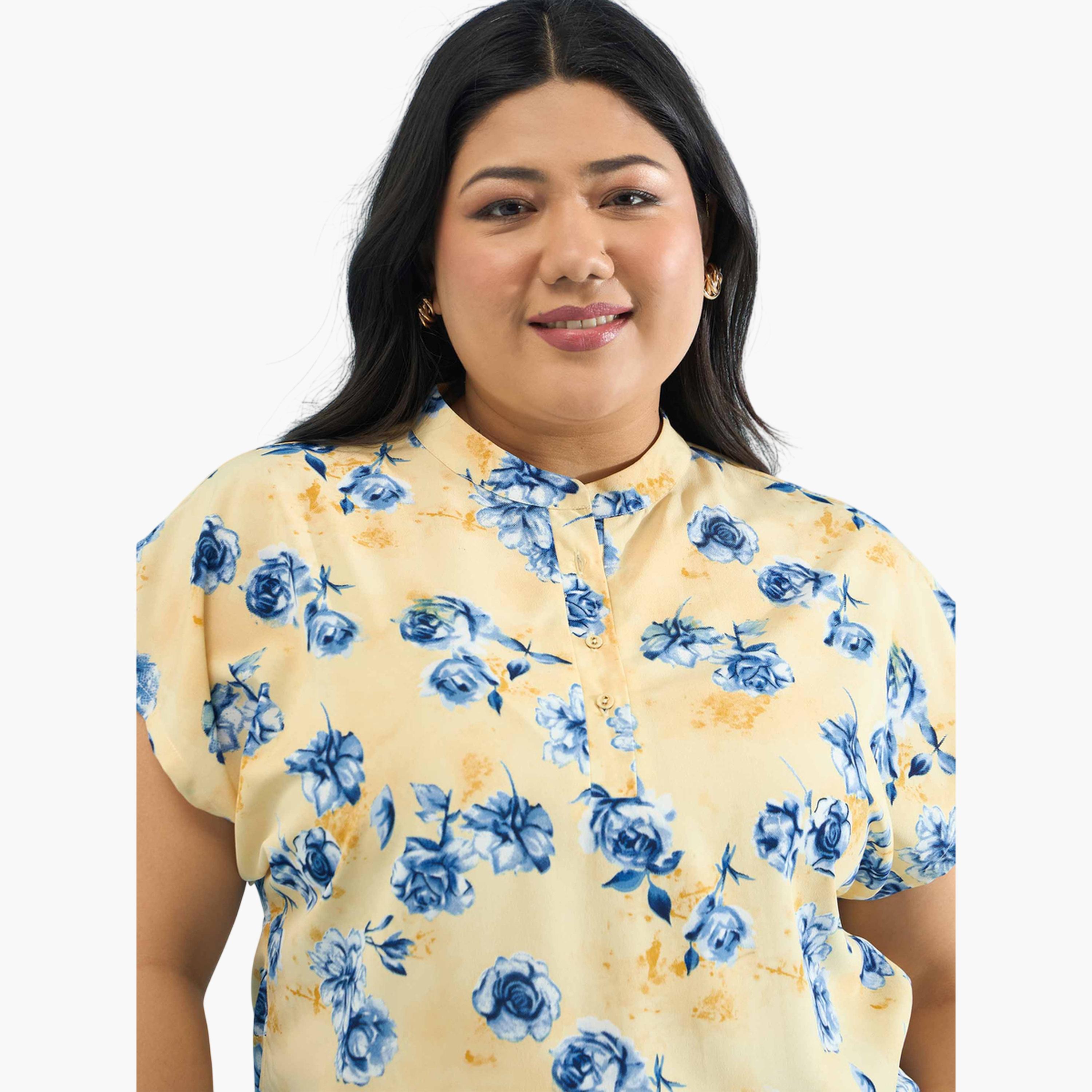Sassafras X Styli Yellow Plus Floral Mandarin Collar Regular Top-women-clothing-plussize-shirtsandblouses-blouses-image-6