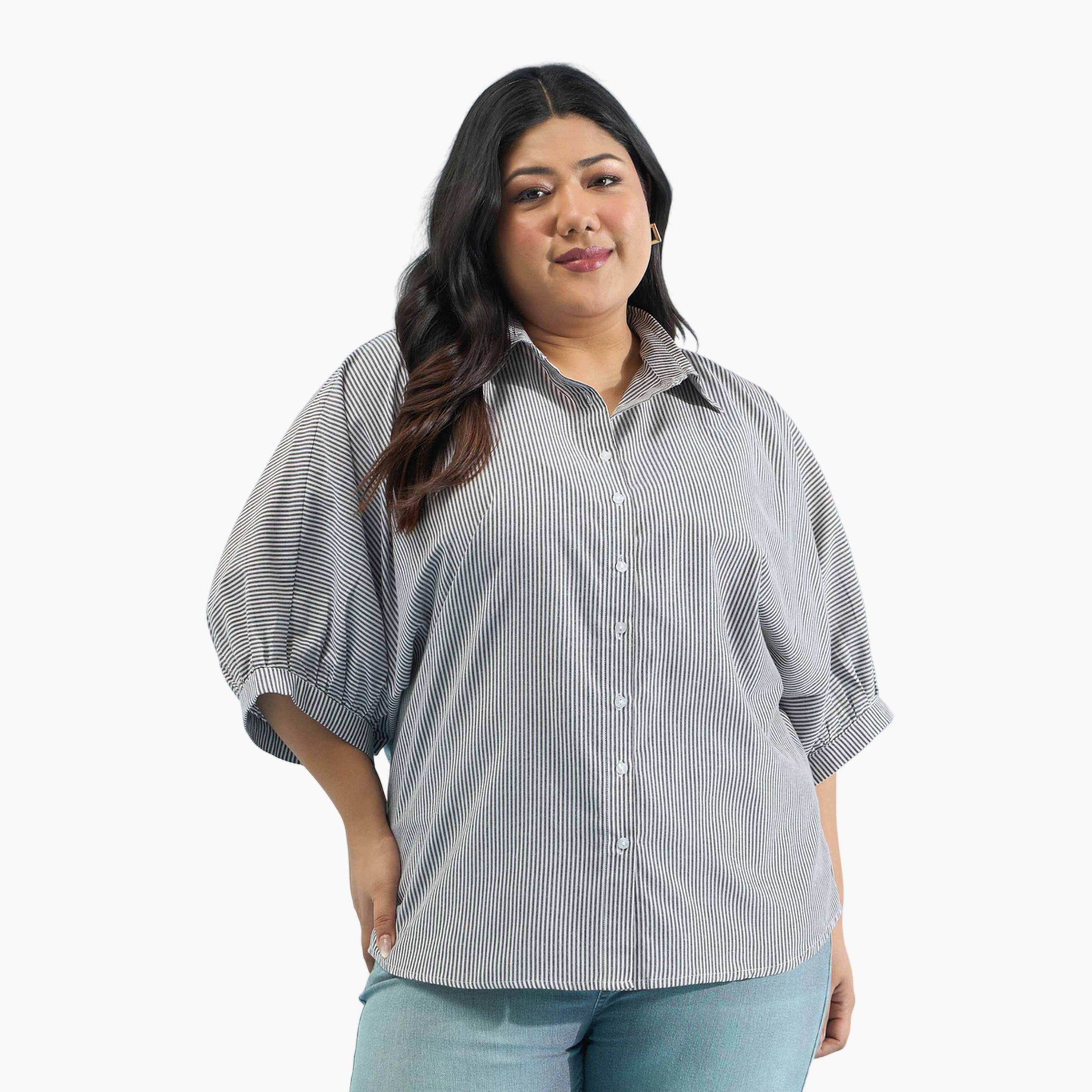 قميص بقصة مستقيمة بنمط مخطط متعدد الألوان مقاسات كبيرة-women-clothing-shirtsandblouses-shirts-image-1