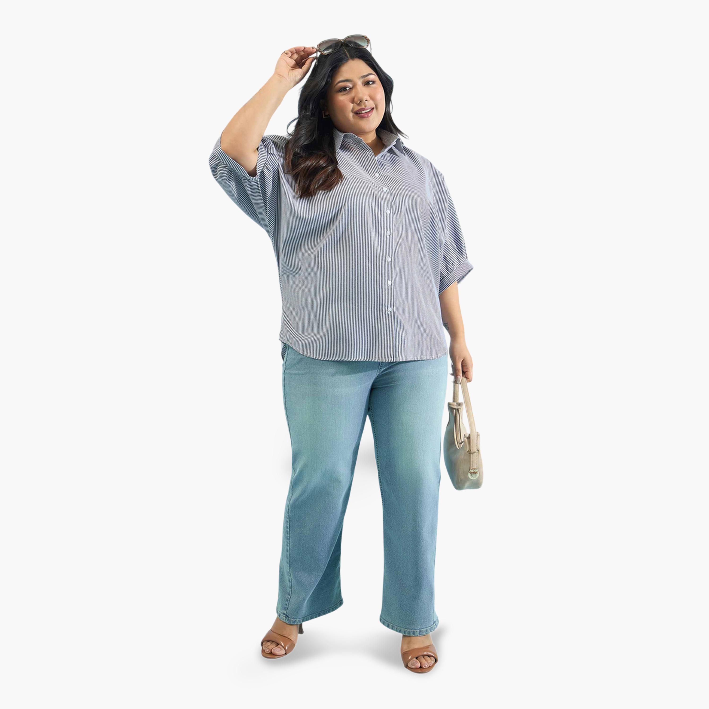 قميص بقصة مستقيمة بنمط مخطط متعدد الألوان مقاسات كبيرة-women-clothing-shirtsandblouses-shirts-image-2