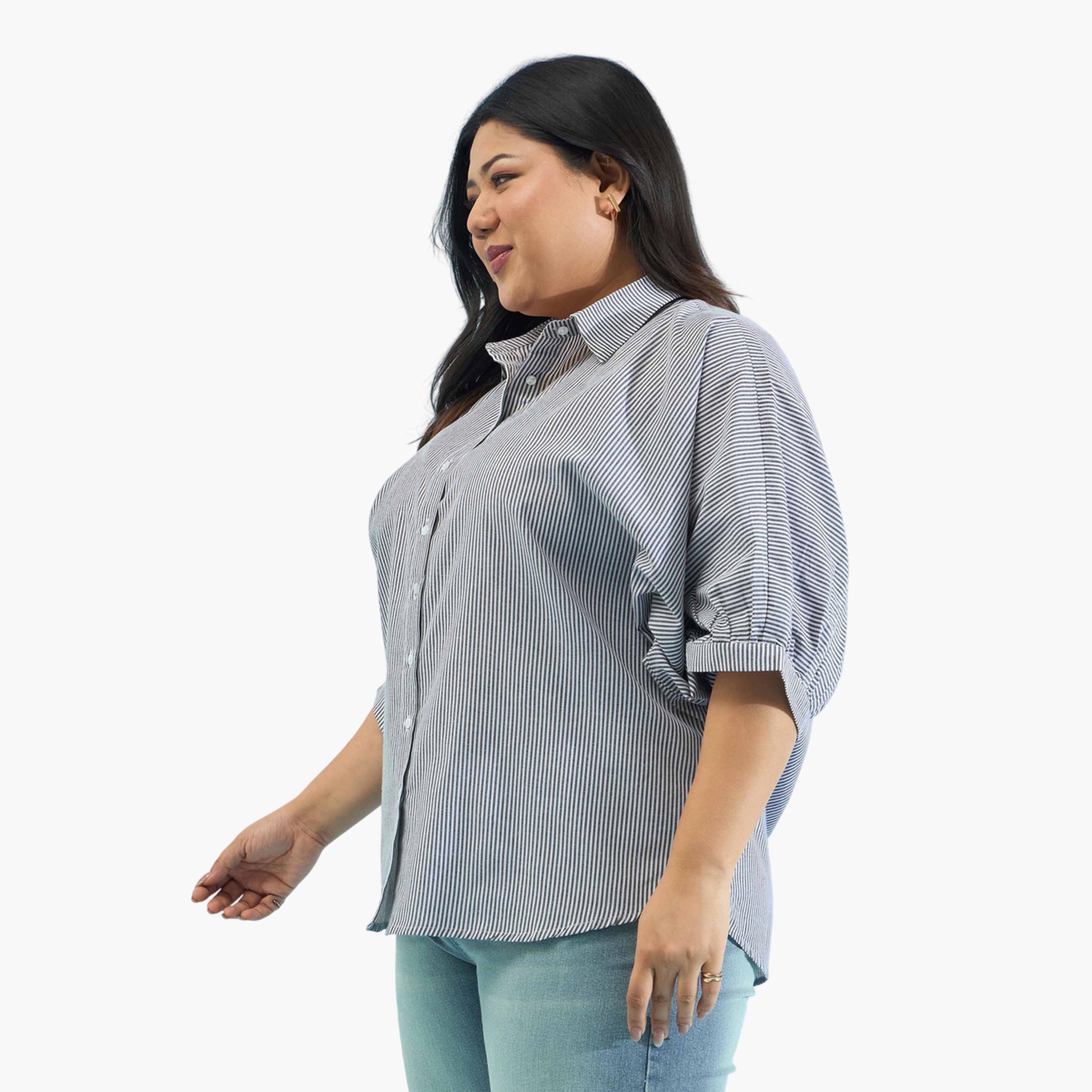 قميص بقصة مستقيمة بنمط مخطط متعدد الألوان مقاسات كبيرة-women-clothing-shirtsandblouses-shirts-image-3