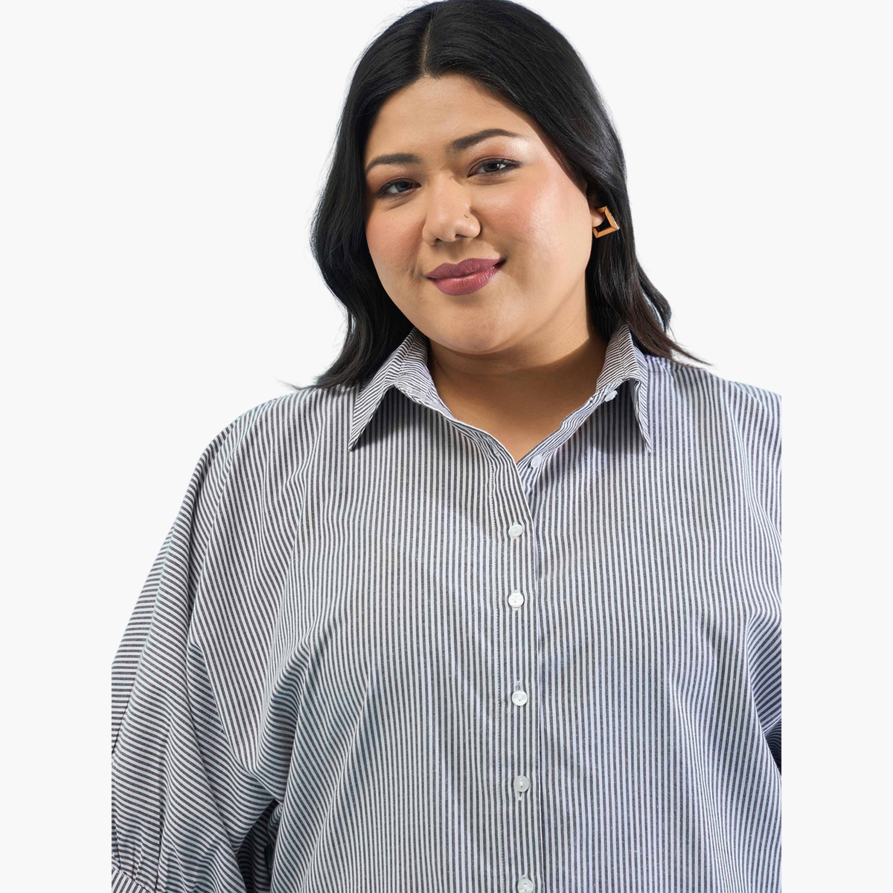 قميص بقصة مستقيمة بنمط مخطط متعدد الألوان مقاسات كبيرة-women-clothing-shirtsandblouses-shirts-image-4