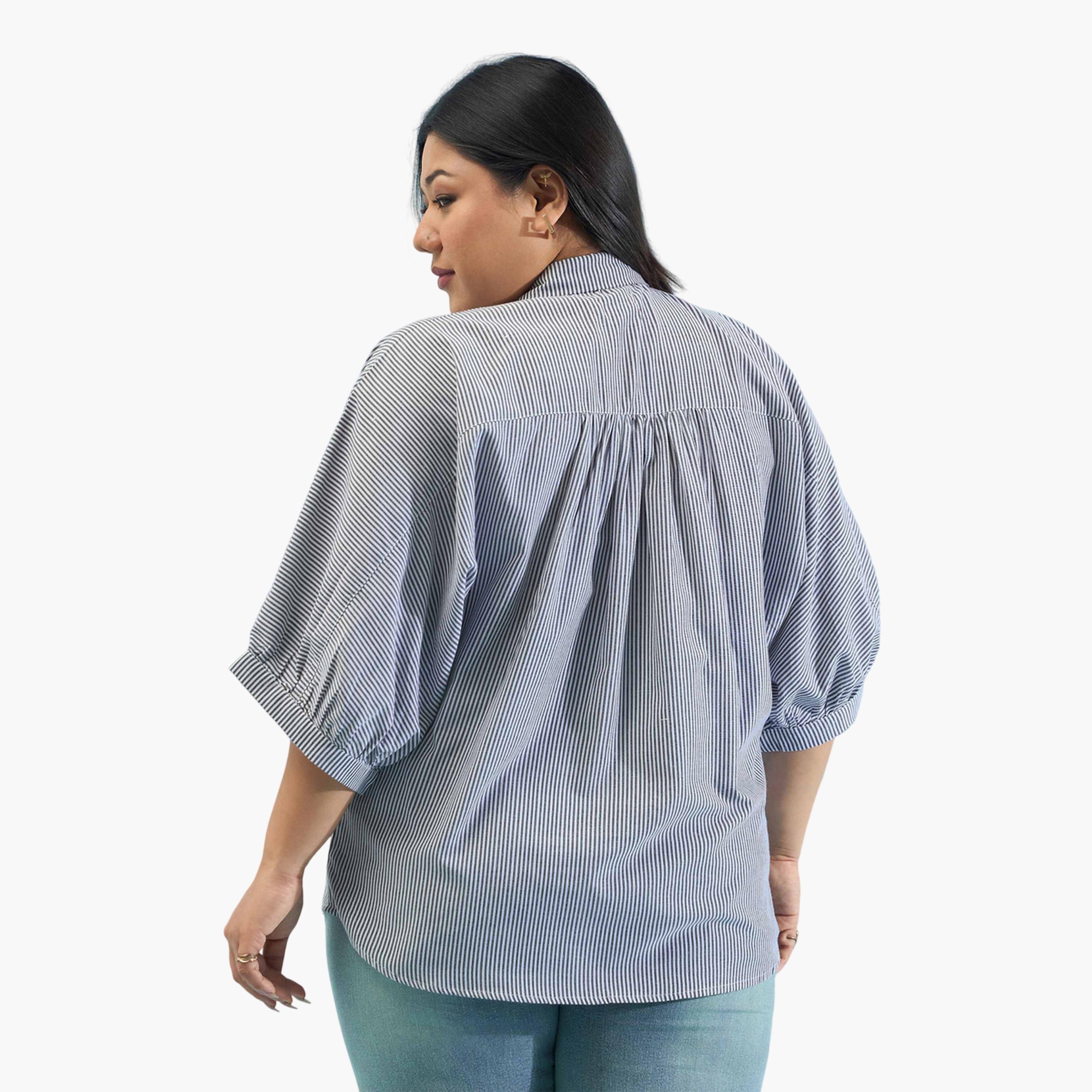 قميص بقصة مستقيمة بنمط مخطط متعدد الألوان مقاسات كبيرة-women-clothing-shirtsandblouses-shirts-image-5