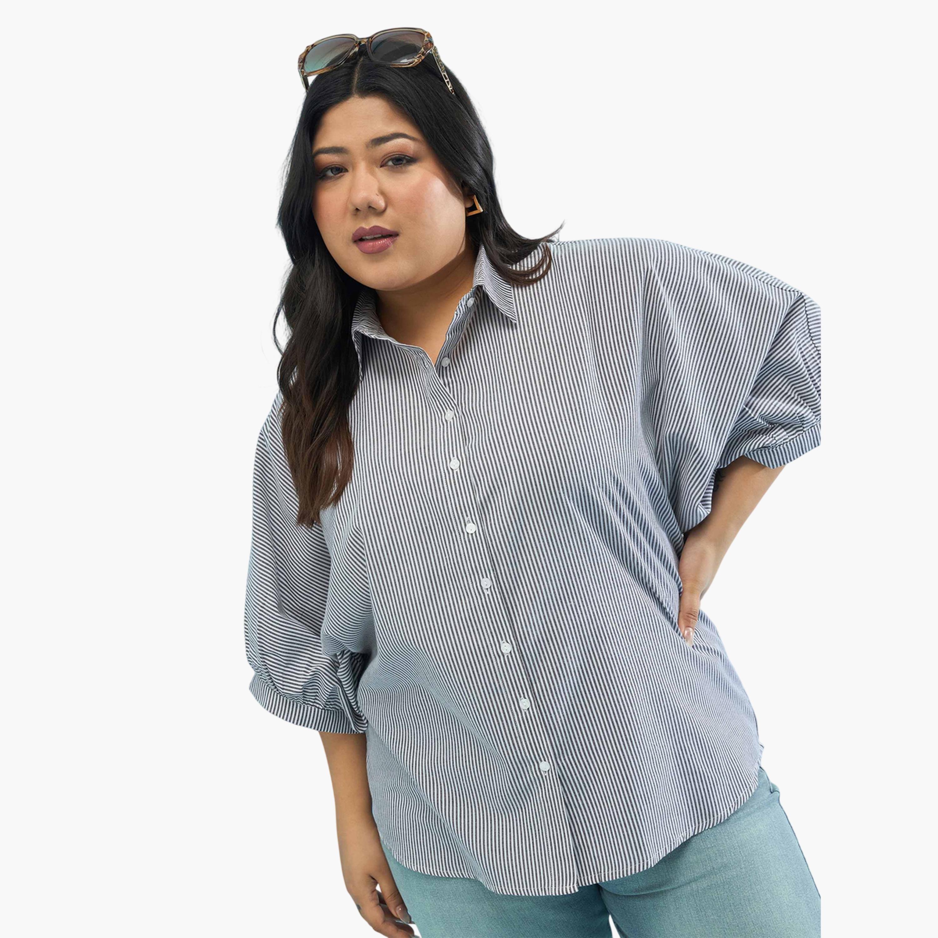 قميص بقصة مستقيمة بنمط مخطط متعدد الألوان مقاسات كبيرة-women-clothing-shirtsandblouses-shirts-image-6