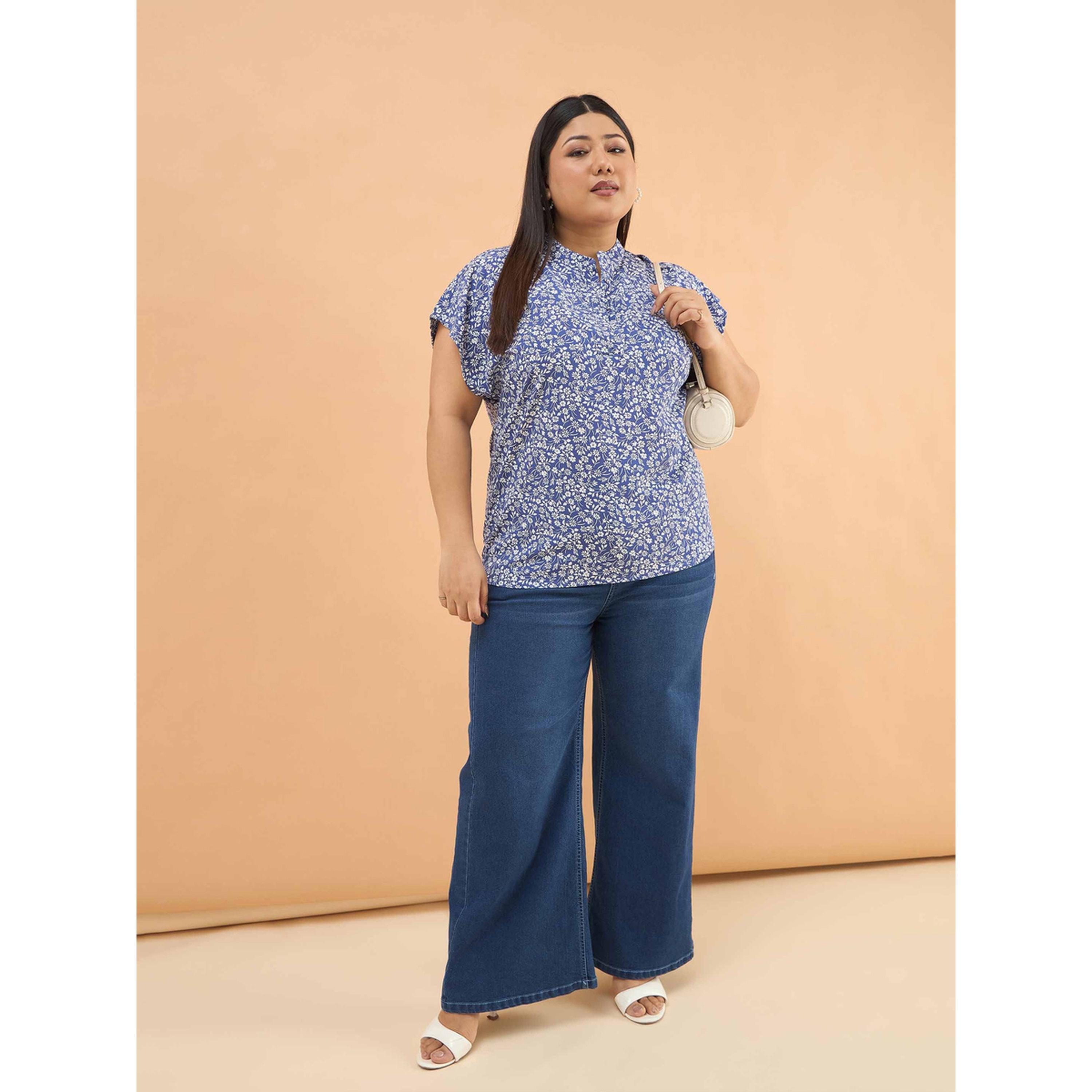 بلوزة بمقاس كبير أزرق بطبعة زهور صغيرة وياقة صينية بقصة مستقيمة-women-clothing-plussize-shirtsandblouses-blouses-image-2