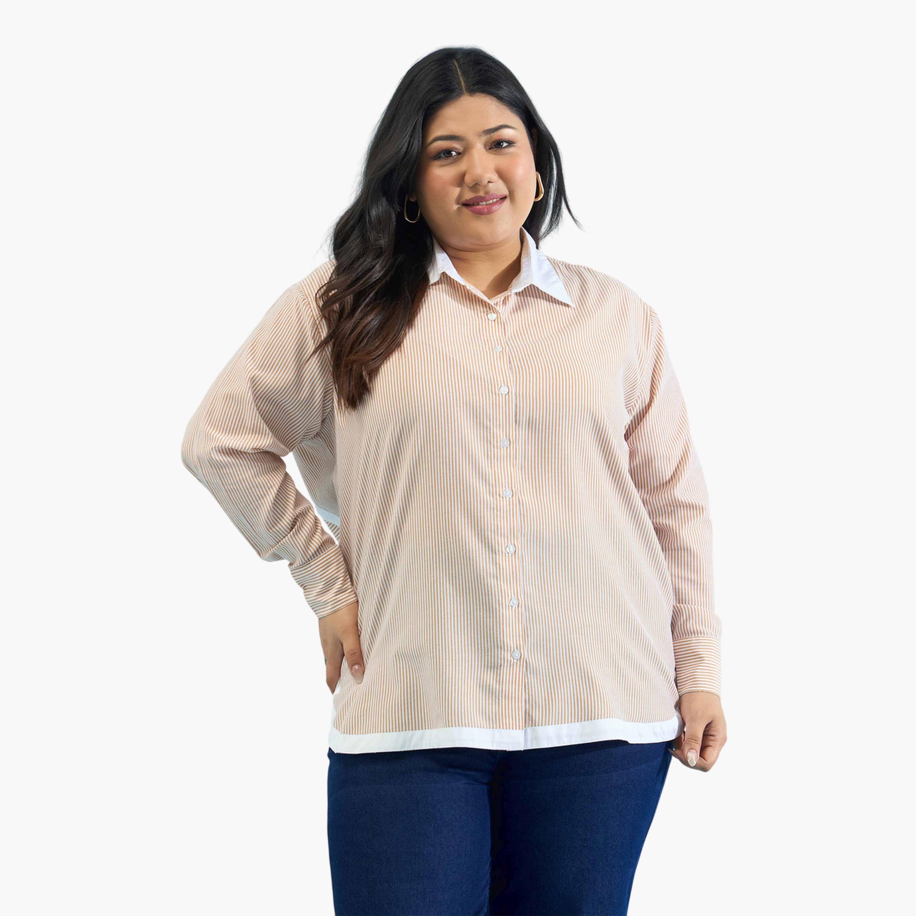 Sassafras X Styli Beige Striped Contrast Trims Shirt-women-clothing-shirtsandblouses-shirts-image-1