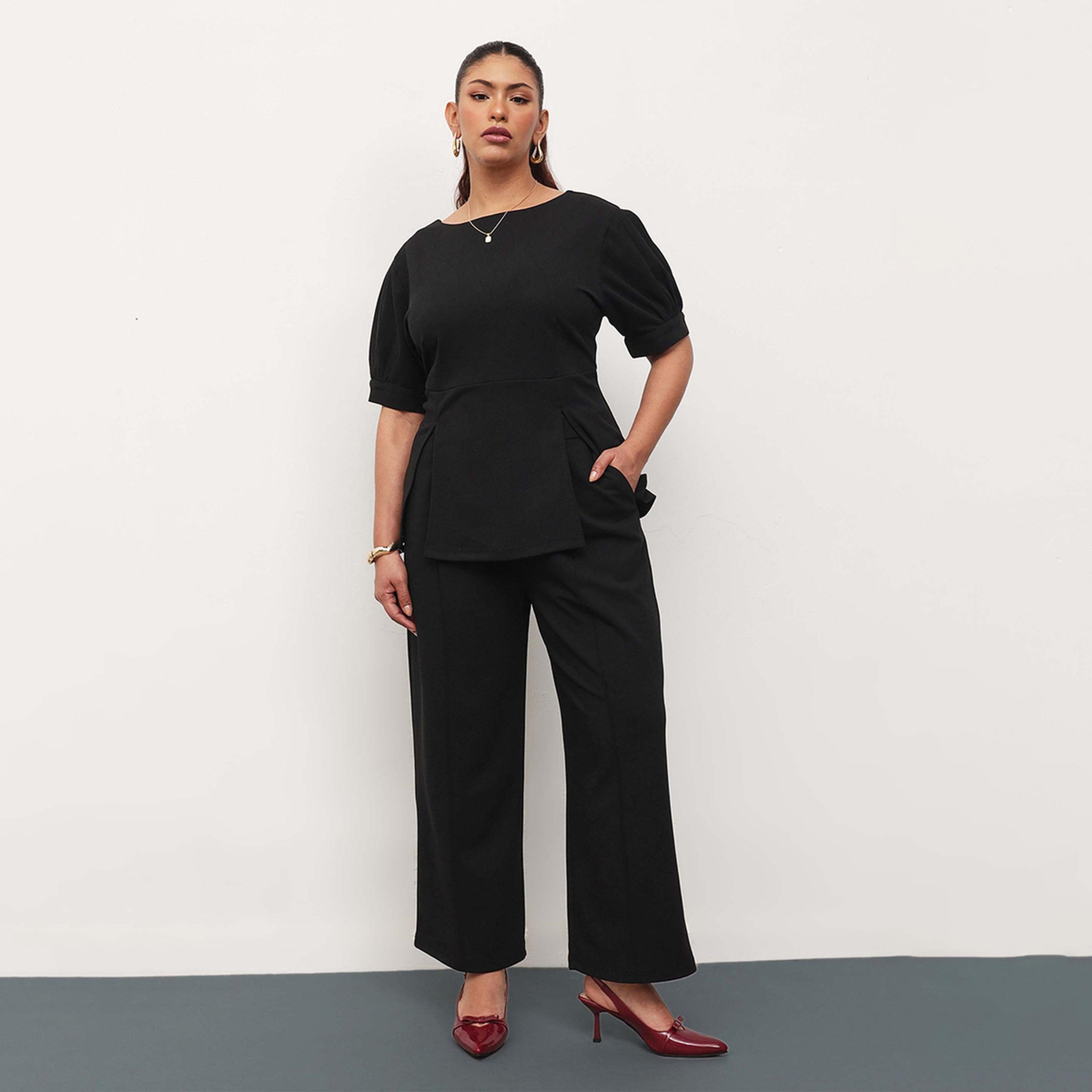 طقم بلوزة بياقة مركب وبنطال مستقيم بمقاس كبير - أسود-women-clothing-plussize-coordsets-image-1