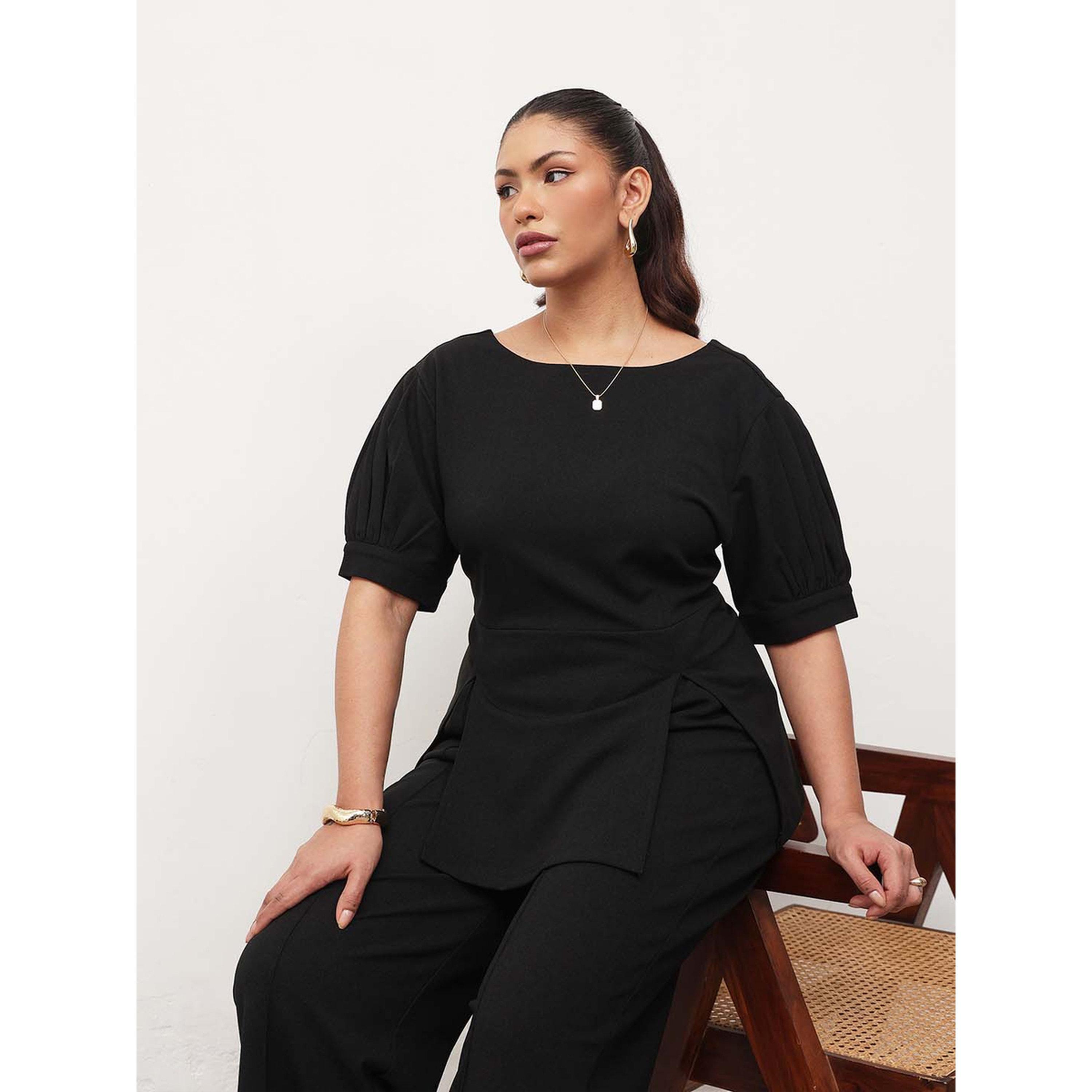 طقم بلوزة بياقة مركب وبنطال مستقيم بمقاس كبير - أسود-women-clothing-plussize-coordsets-image-2