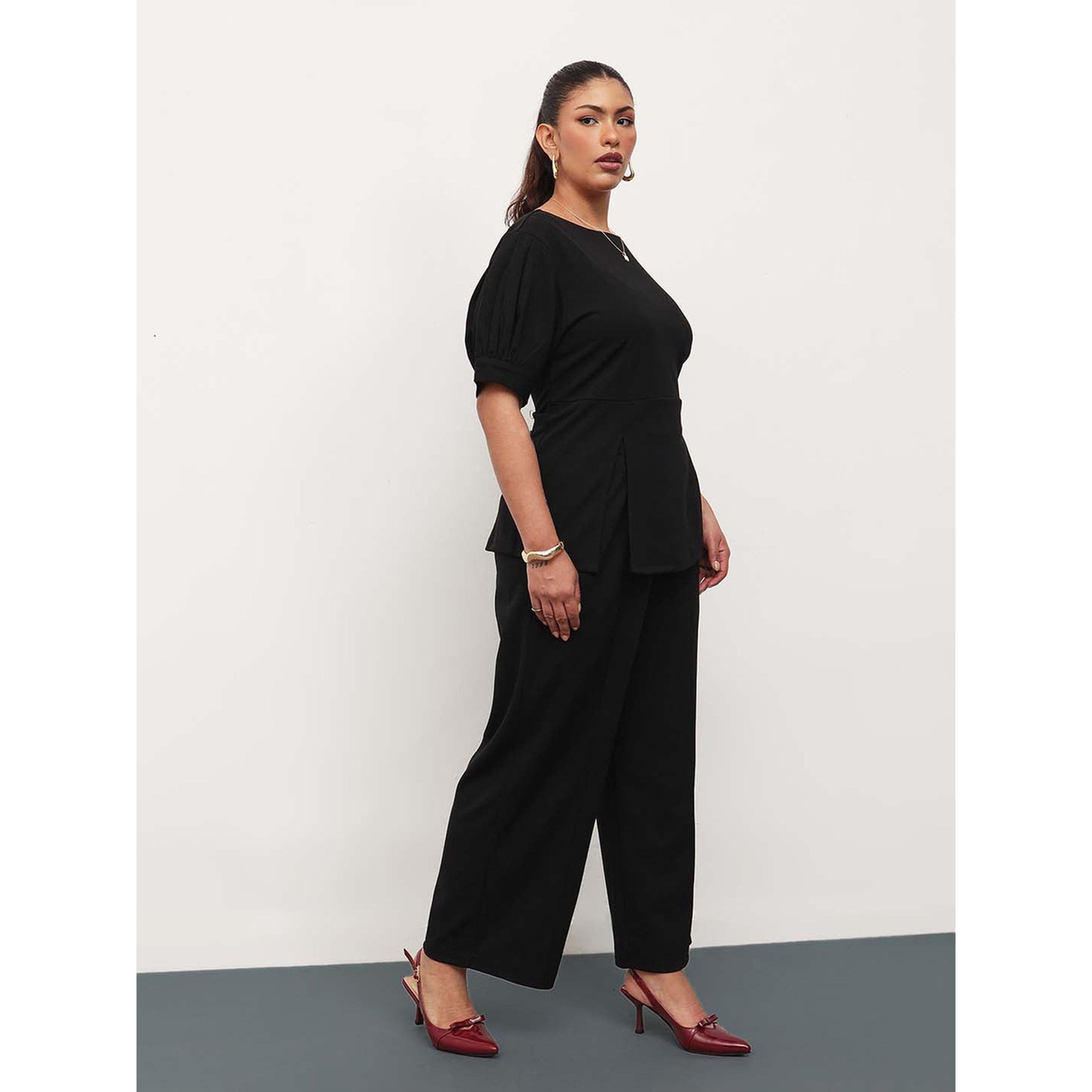 طقم بلوزة بياقة مركب وبنطال مستقيم بمقاس كبير - أسود-women-clothing-plussize-coordsets-image-3