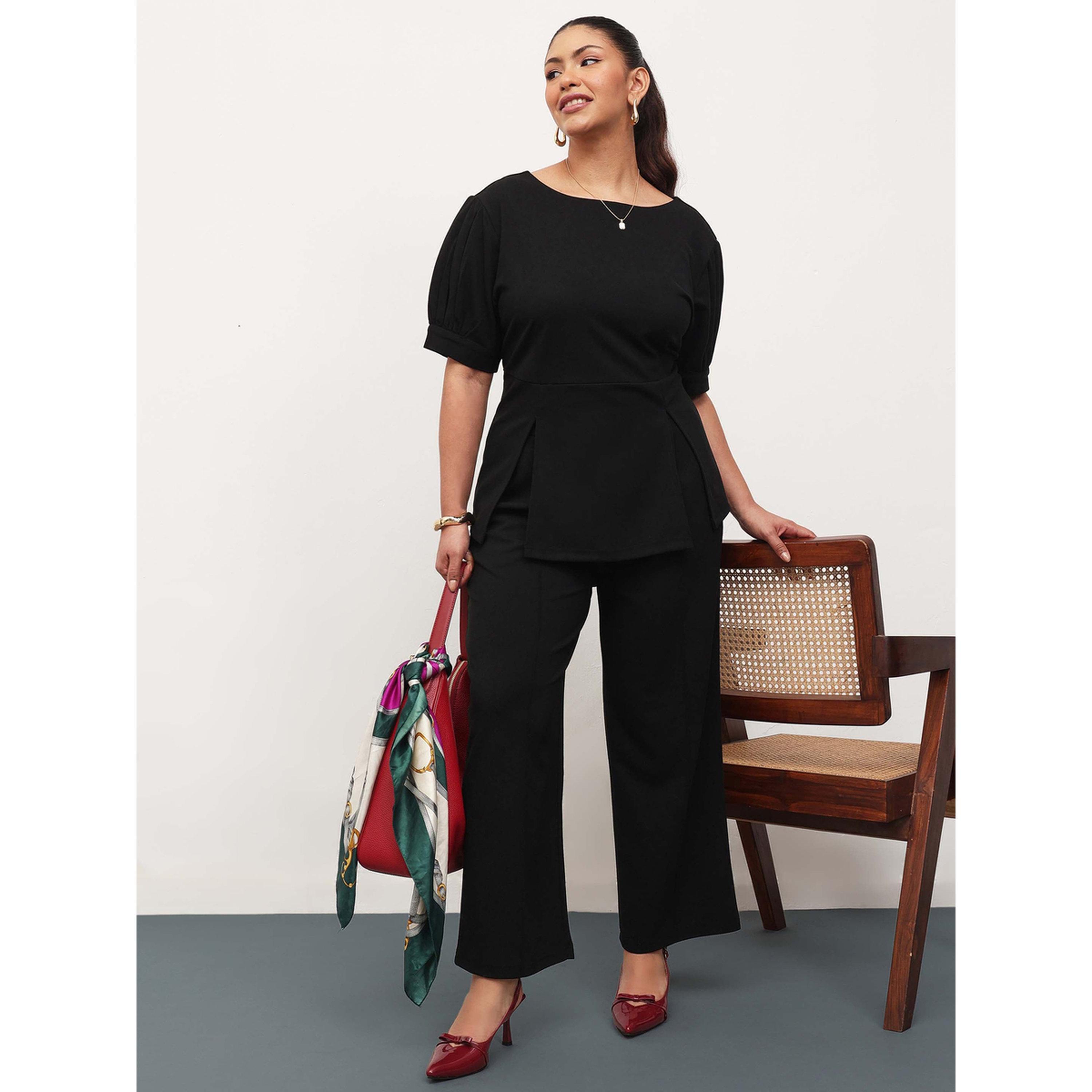 طقم بلوزة بياقة مركب وبنطال مستقيم بمقاس كبير - أسود-women-clothing-plussize-coordsets-image-4