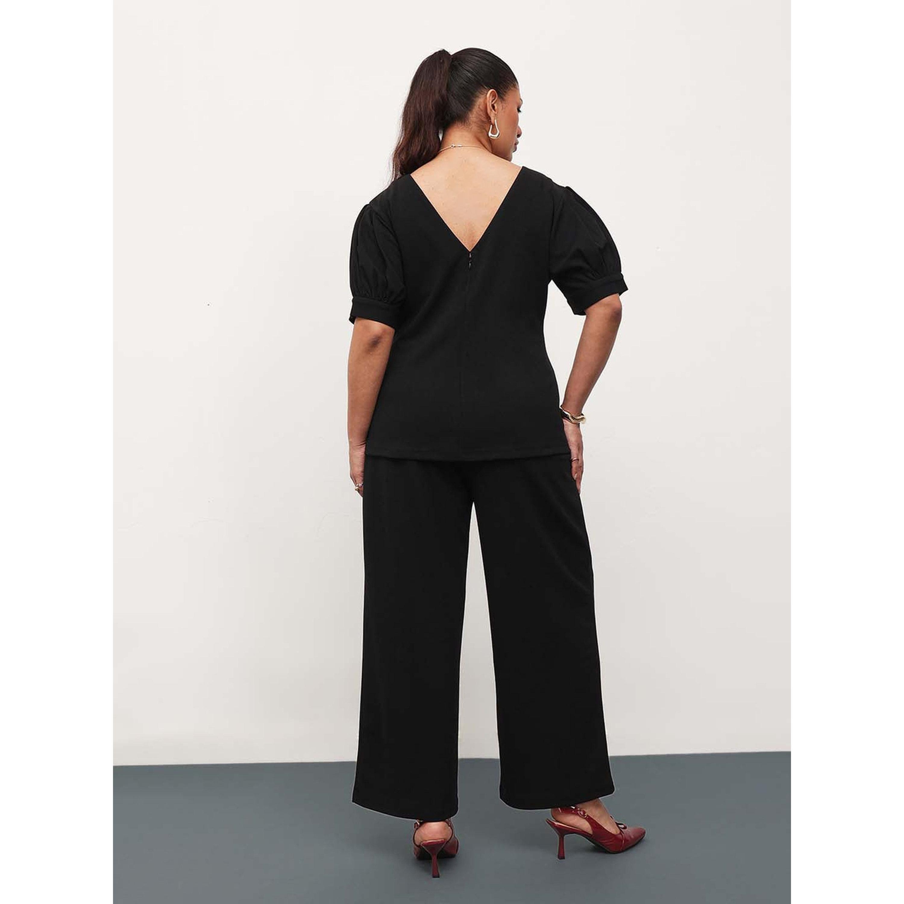 طقم بلوزة بياقة مركب وبنطال مستقيم بمقاس كبير - أسود-women-clothing-plussize-coordsets-image-5