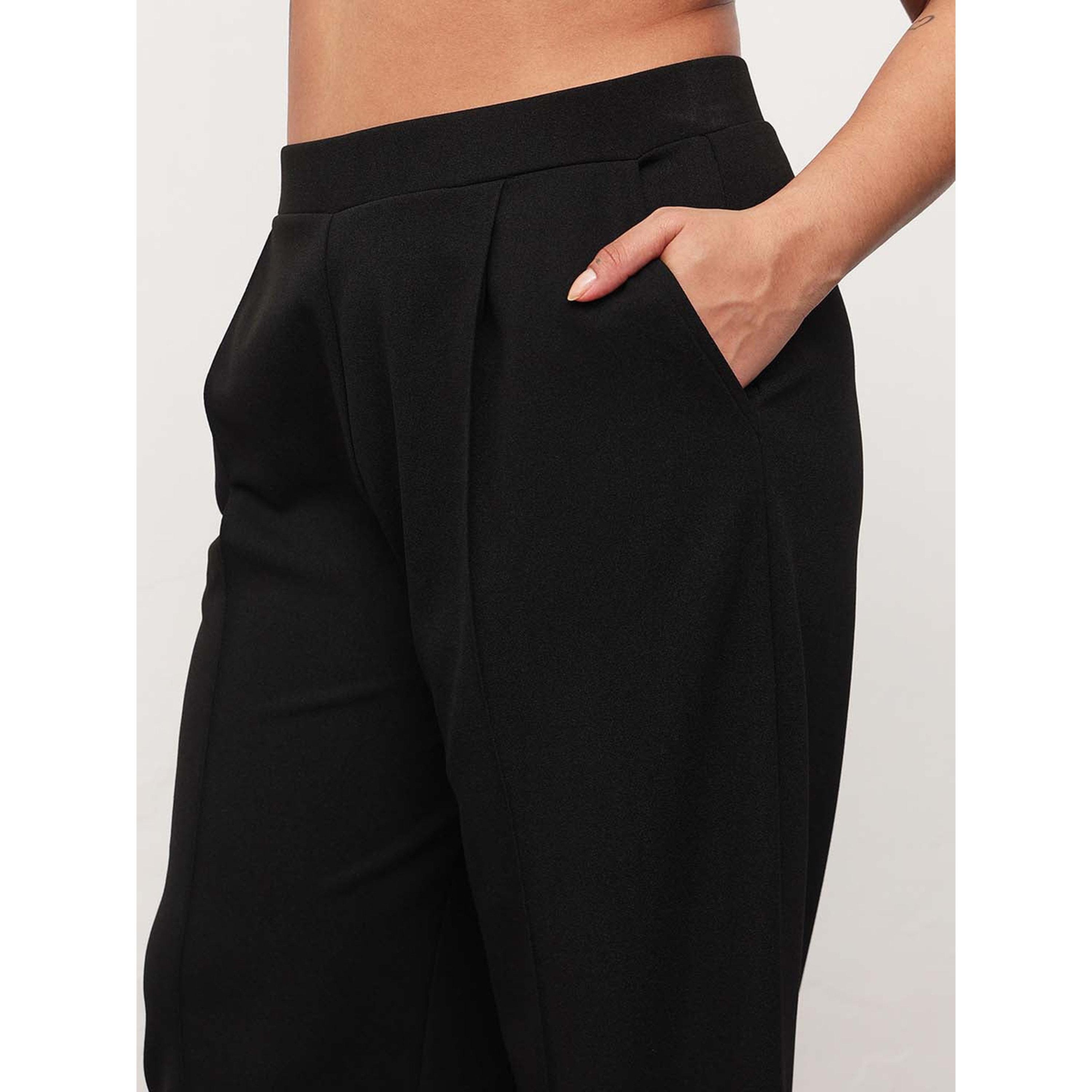 طقم بلوزة بياقة مركب وبنطال مستقيم بمقاس كبير - أسود-women-clothing-plussize-coordsets-image-6
