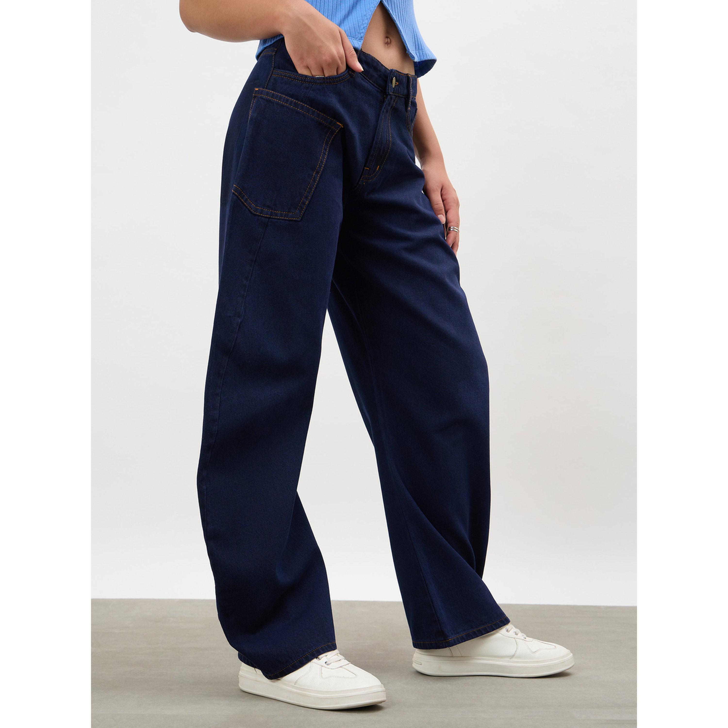 جينز بالون بتفاصيل درزة جانبية باللون الكحلي الداكن-women-clothing-jeans-image-4