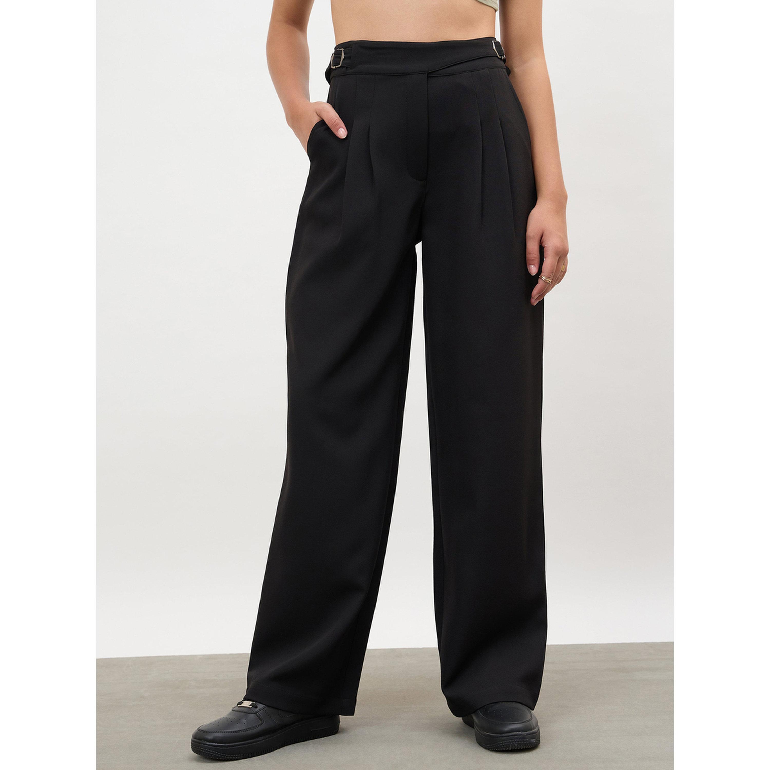 بنطال كوري بحزام خصر مزدوج قابل للتعديل - أسود-women-clothing-trousers-image-1