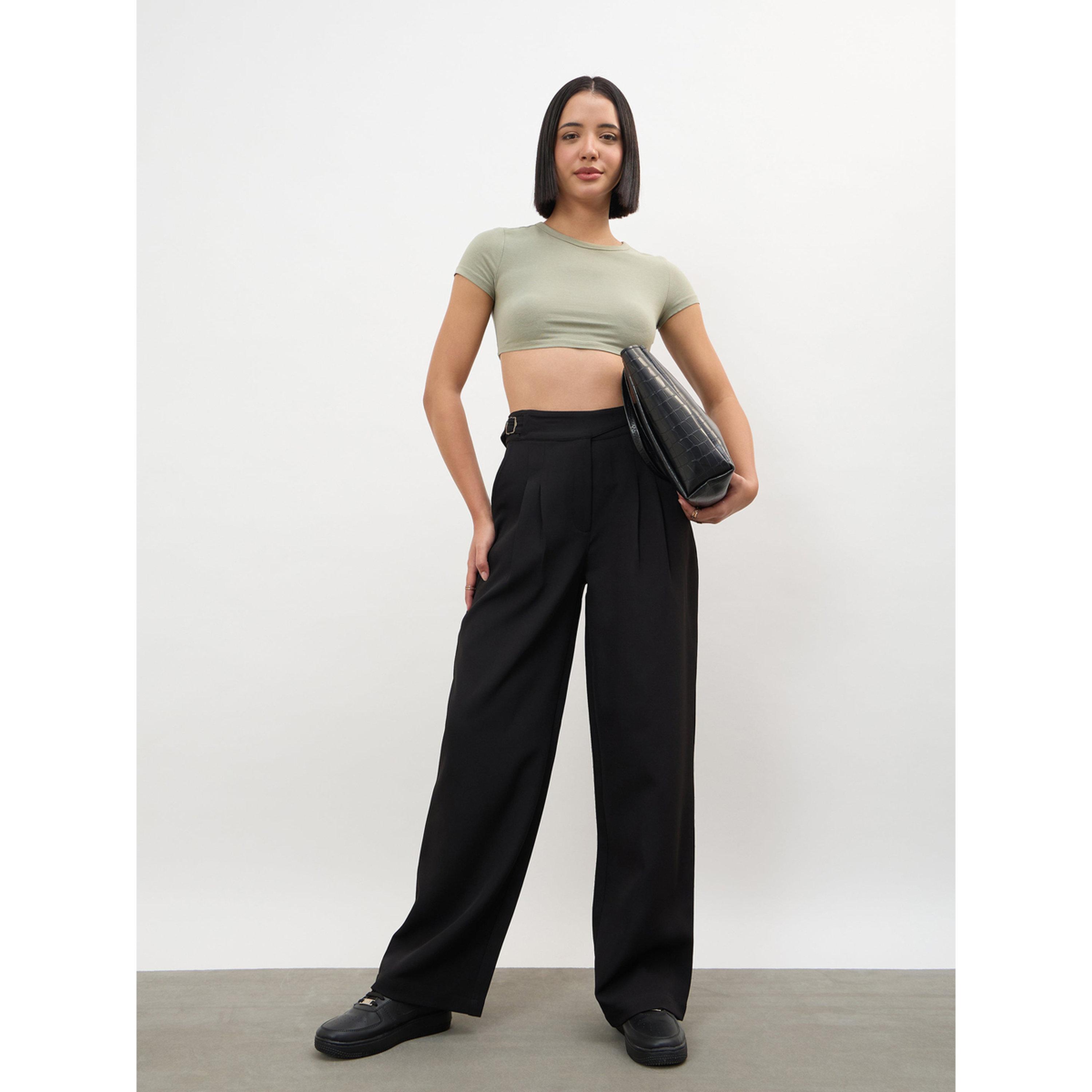 بنطال كوري بحزام خصر مزدوج قابل للتعديل - أسود-women-clothing-trousers-image-2