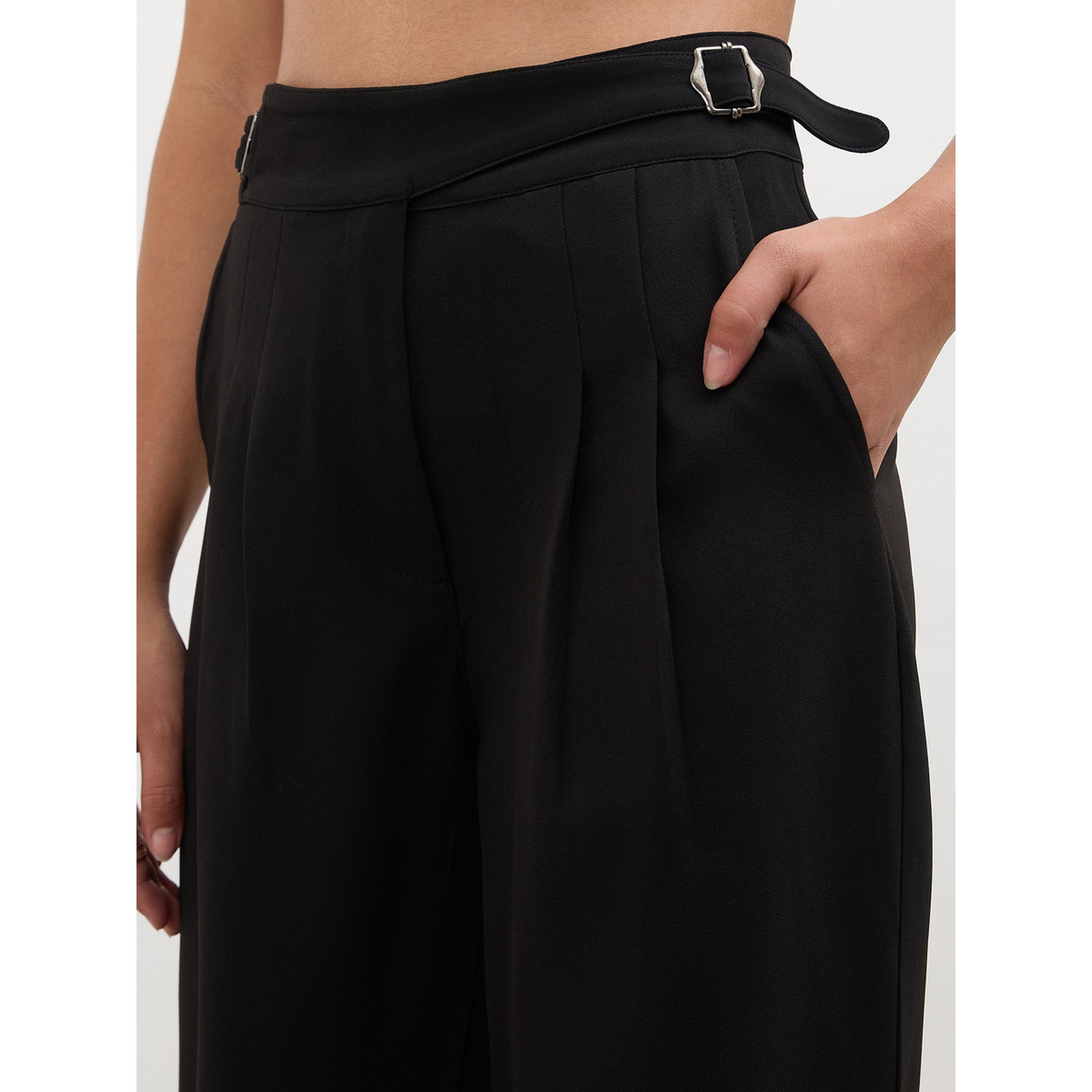 بنطال كوري بحزام خصر مزدوج قابل للتعديل - أسود-women-clothing-trousers-image-4