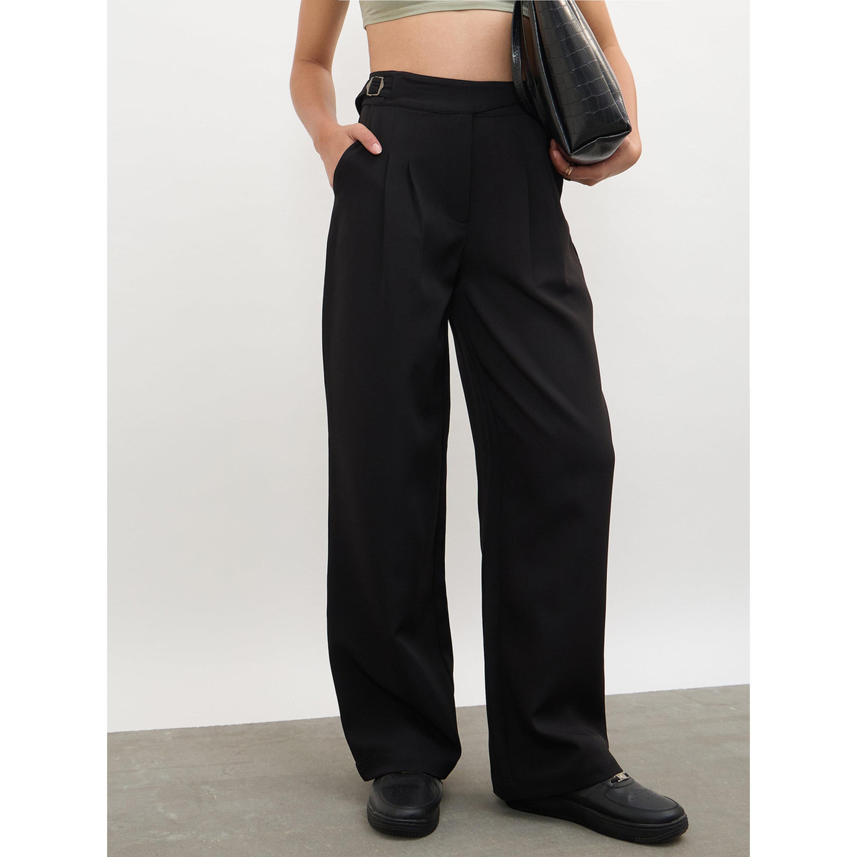 بنطال كوري بحزام خصر مزدوج قابل للتعديل - أسود-women-clothing-trousers-image-6
