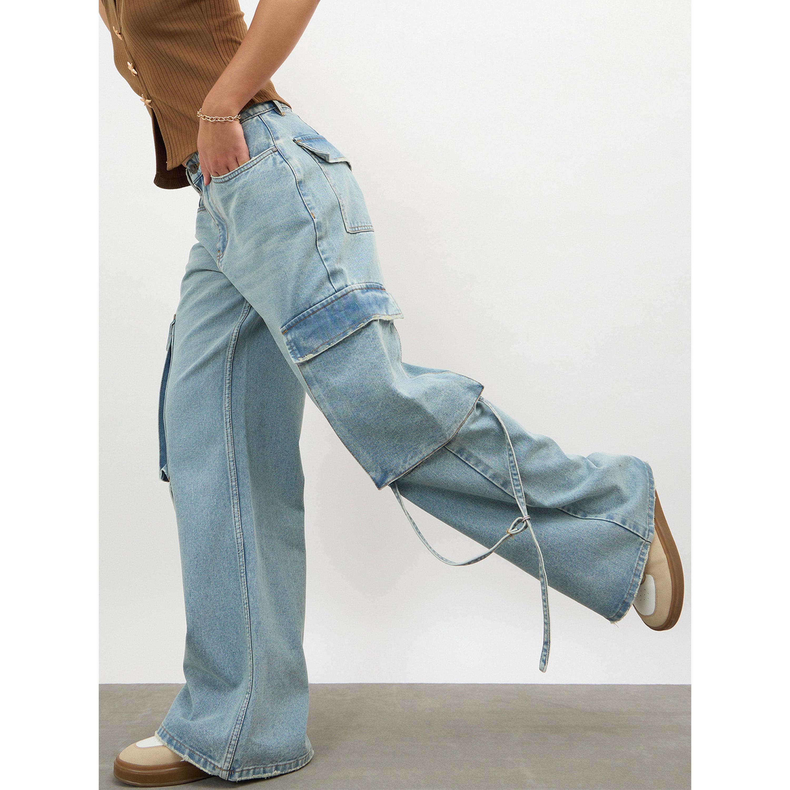 Sassafras X Styli Blue Loop Detail Cargo Jeans-women-clothing-jeans-image-3