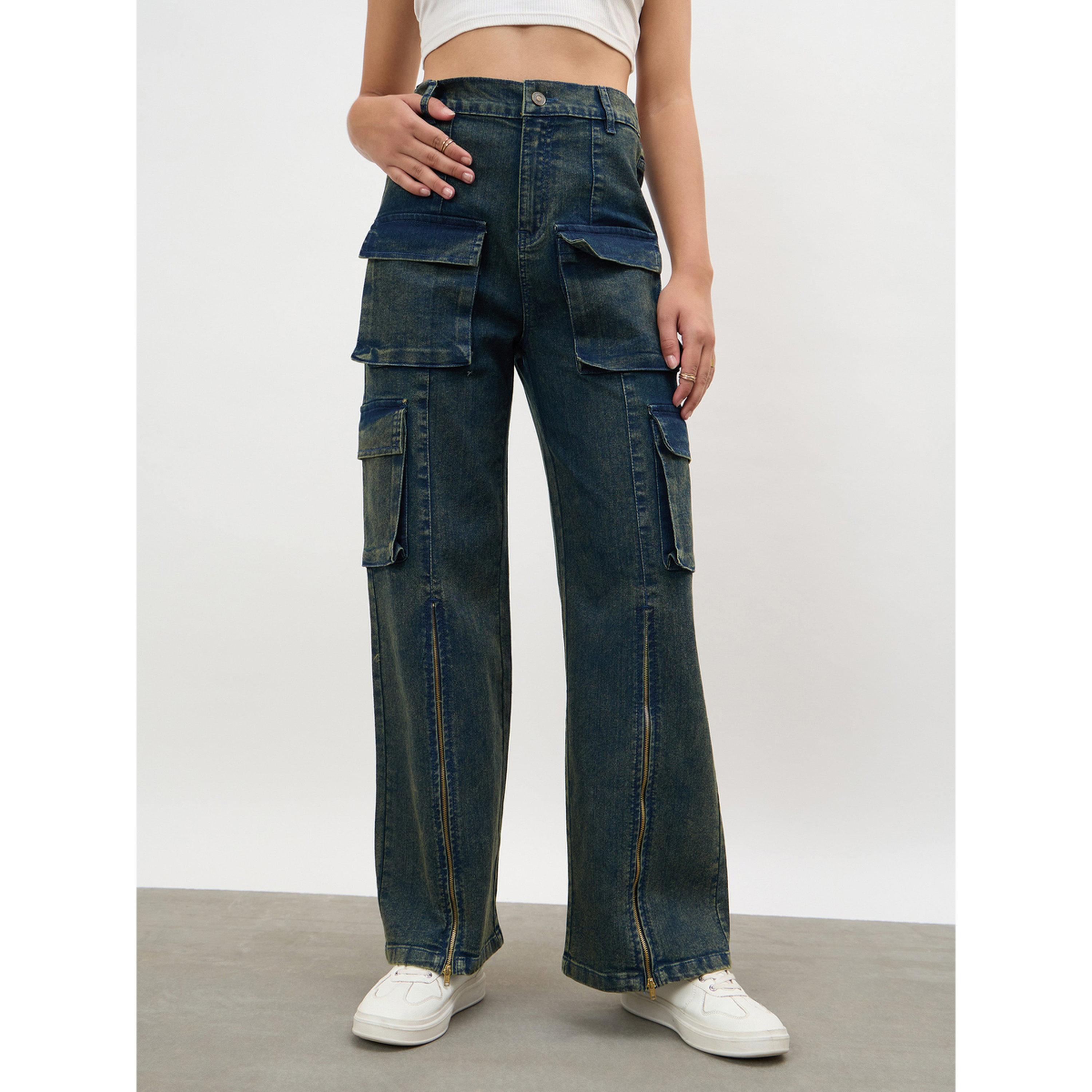 Sassafras X Styli Navy Acid Wash Hem Zipper Cargo Straight Jeans-women-clothing-jeans-image-1