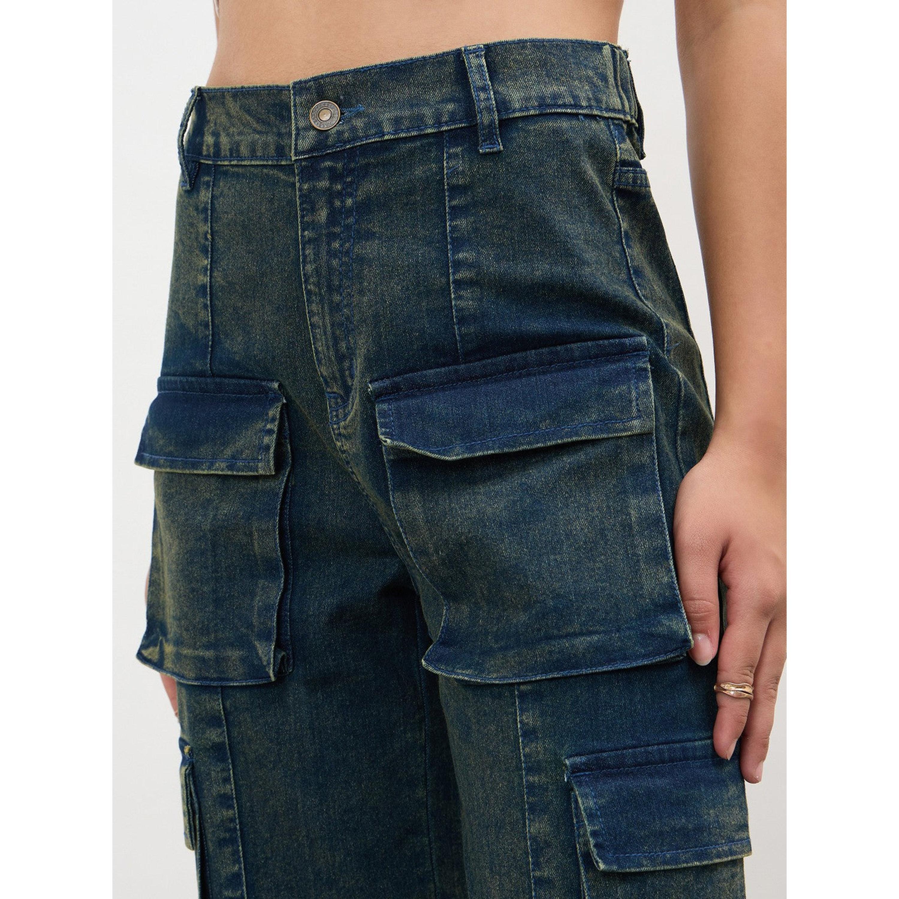 جينز كارجو بقصة مستقيمة وسحاب عند الحافة ومغسول حمضياً باللون الكحلي-women-clothing-jeans-image-4