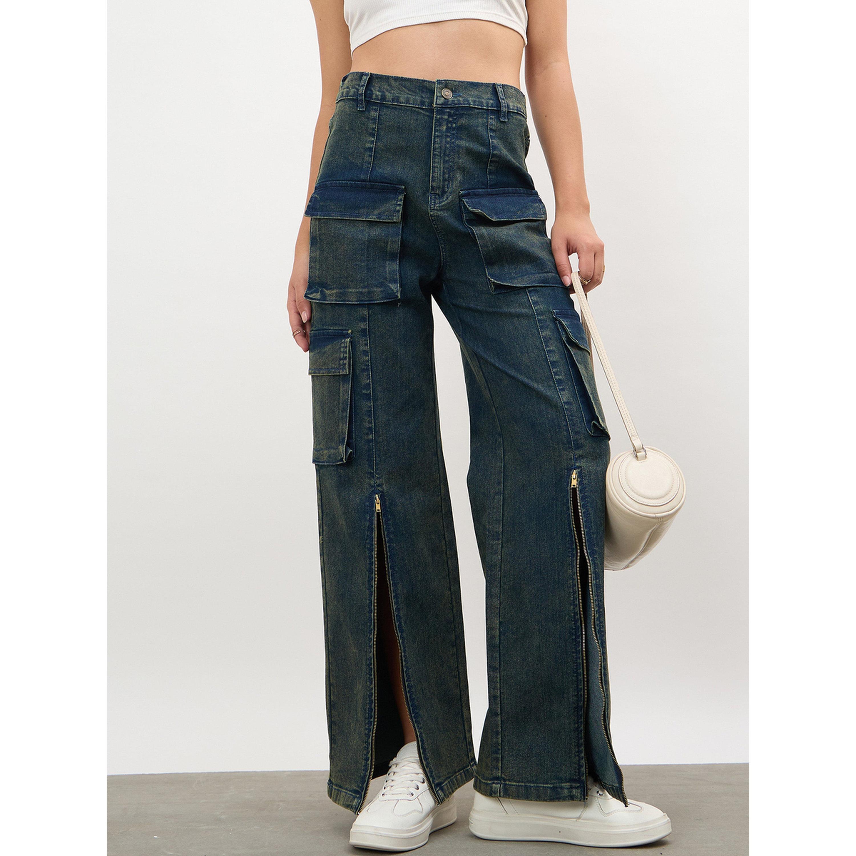Sassafras X Styli Navy Acid Wash Hem Zipper Cargo Straight Jeans-women-clothing-jeans-image-6