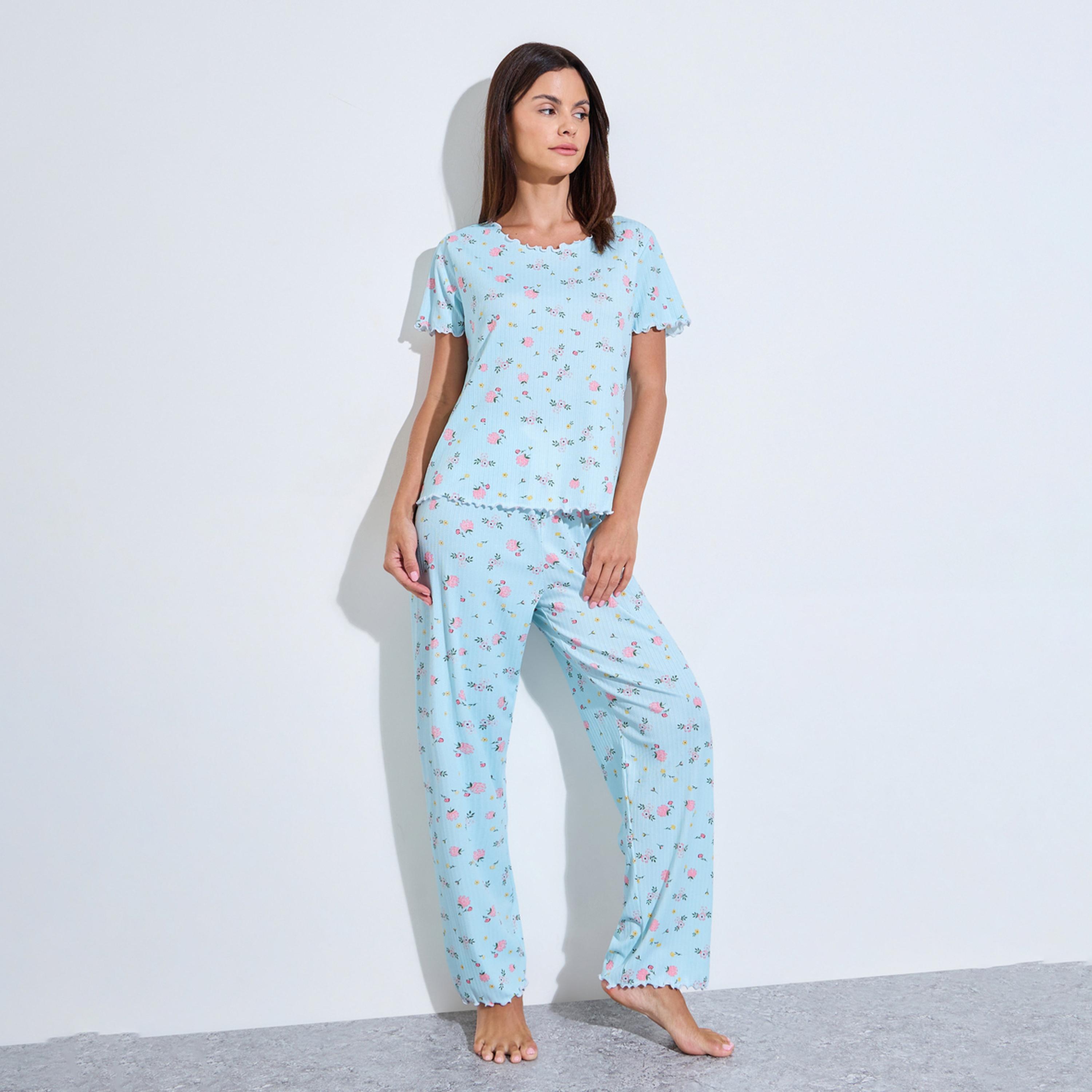 ستايلي - طقم بيجاما وبلوزة بطبعة زهور زرقاء-women-clothing-nightwear-pyjamas-longsets-image-1